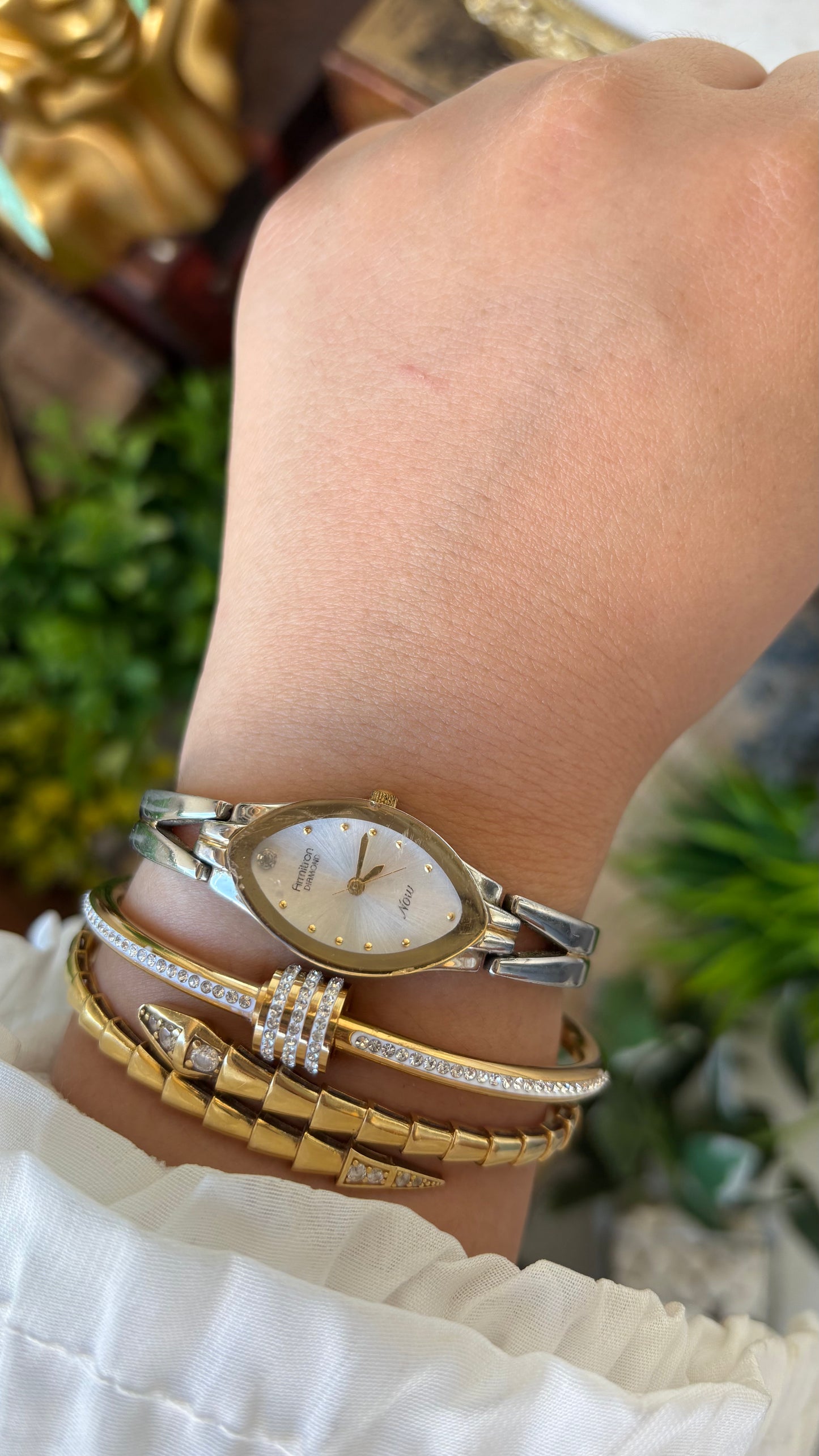 Vintage Dainty Armitron Now Elegant Gold Mirror Bezel Semi-Bangle Watch in Two-Tone Almond Dial with Diamond Quartz #00277