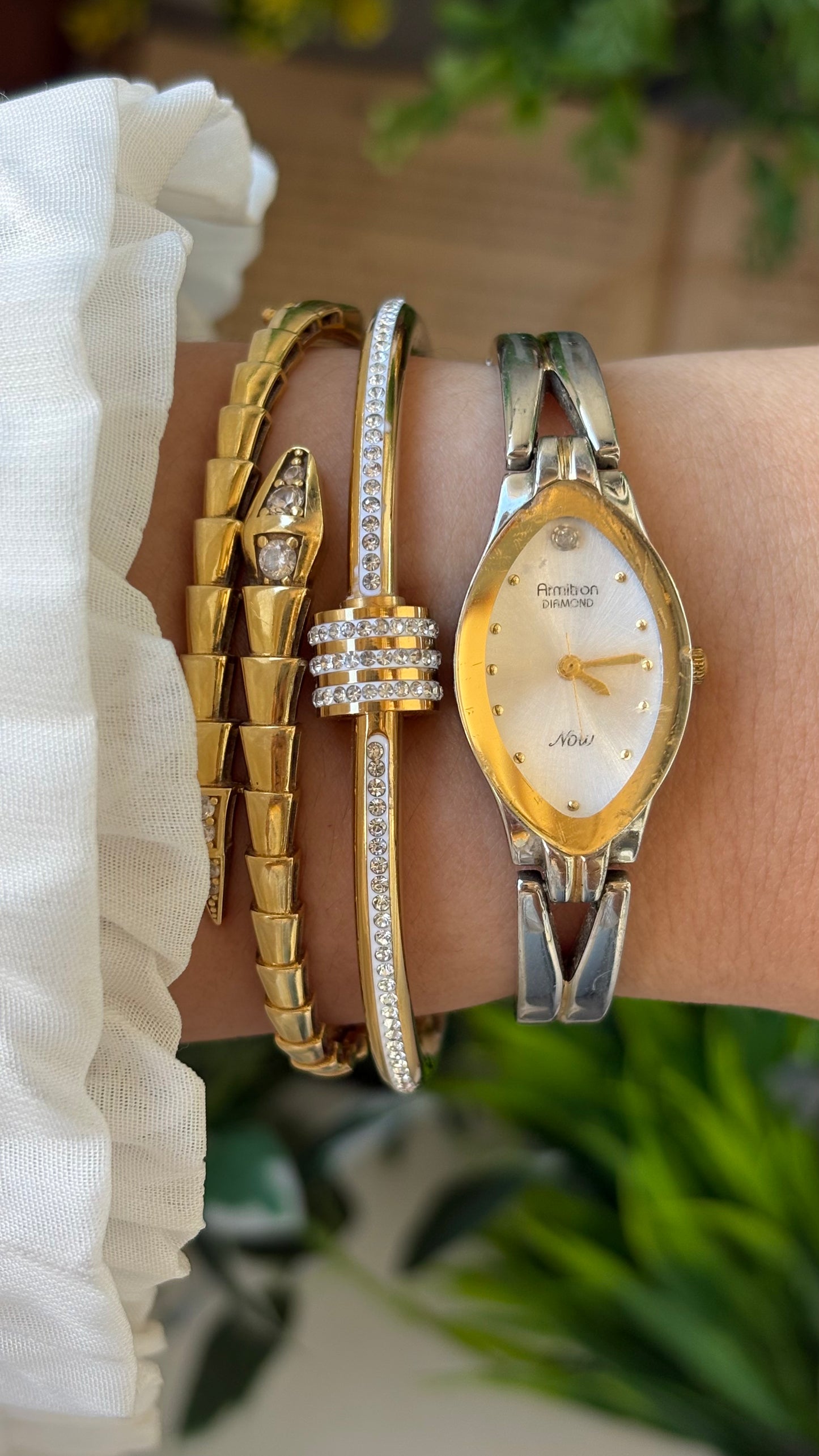 Vintage Dainty Armitron Now Elegant Gold Mirror Bezel Semi-Bangle Watch in Two-Tone Almond Dial with Diamond Quartz #00277