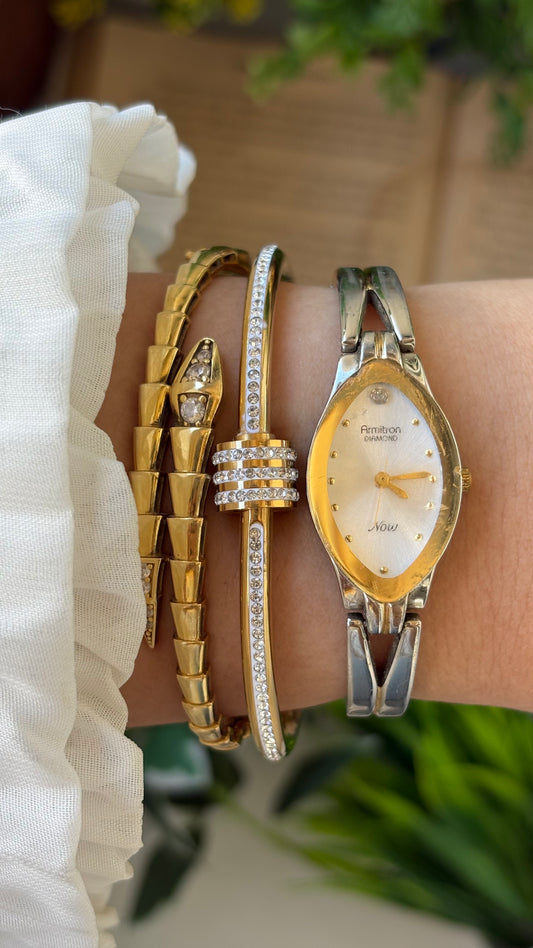 Vintage Dainty Armitron Now Elegant Gold Mirror Bezel Semi-Bangle Watch in Two-Tone Almond Dial with Diamond Quartz #00277