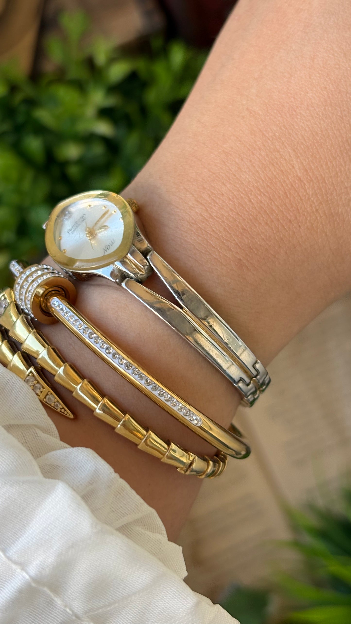 Vintage Dainty Armitron Now Elegant Gold Mirror Bezel Semi-Bangle Watch in Two-Tone Almond Dial with Diamond Quartz #00277