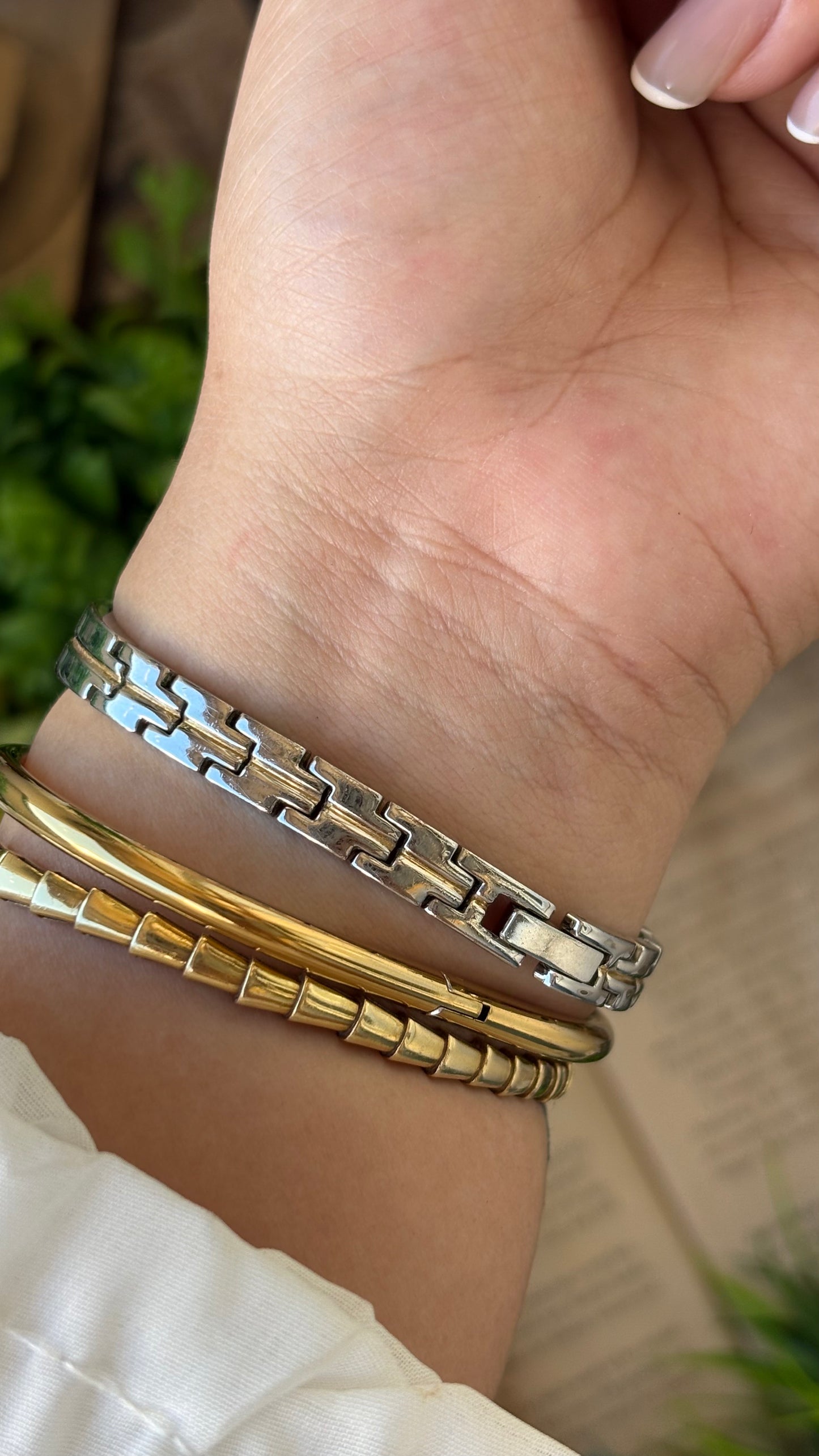 Vintage Dainty Armitron Now Elegant Gold Mirror Bezel Semi-Bangle Watch in Two-Tone Almond Dial with Diamond Quartz #00277