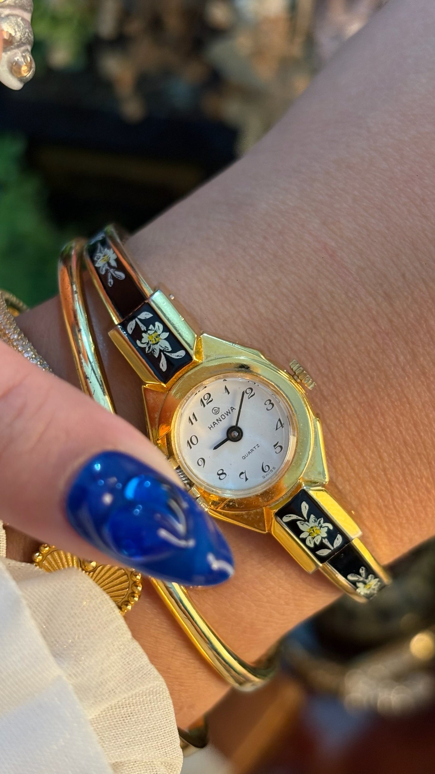 Extremely Rare Dainty Vintage Hanowa Black Victorian Peekaboo Watch in Gold Tone Quartz