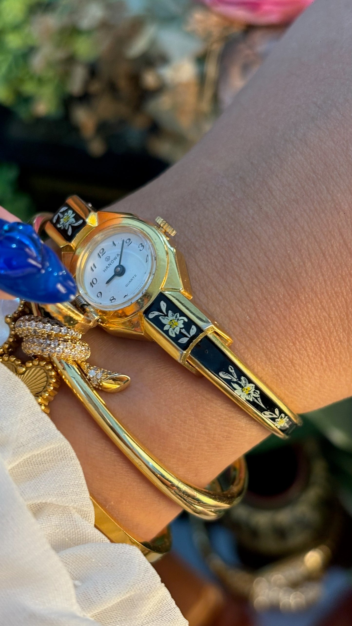 Extremely Rare Dainty Vintage Hanowa Black Victorian Peekaboo Watch in Gold Tone Quartz