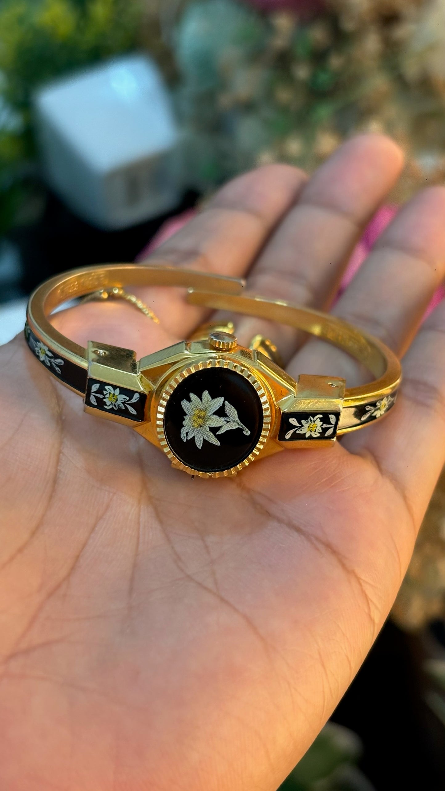 Extremely Rare Dainty Vintage Hanowa Black Victorian Peekaboo Watch in Gold Tone Quartz