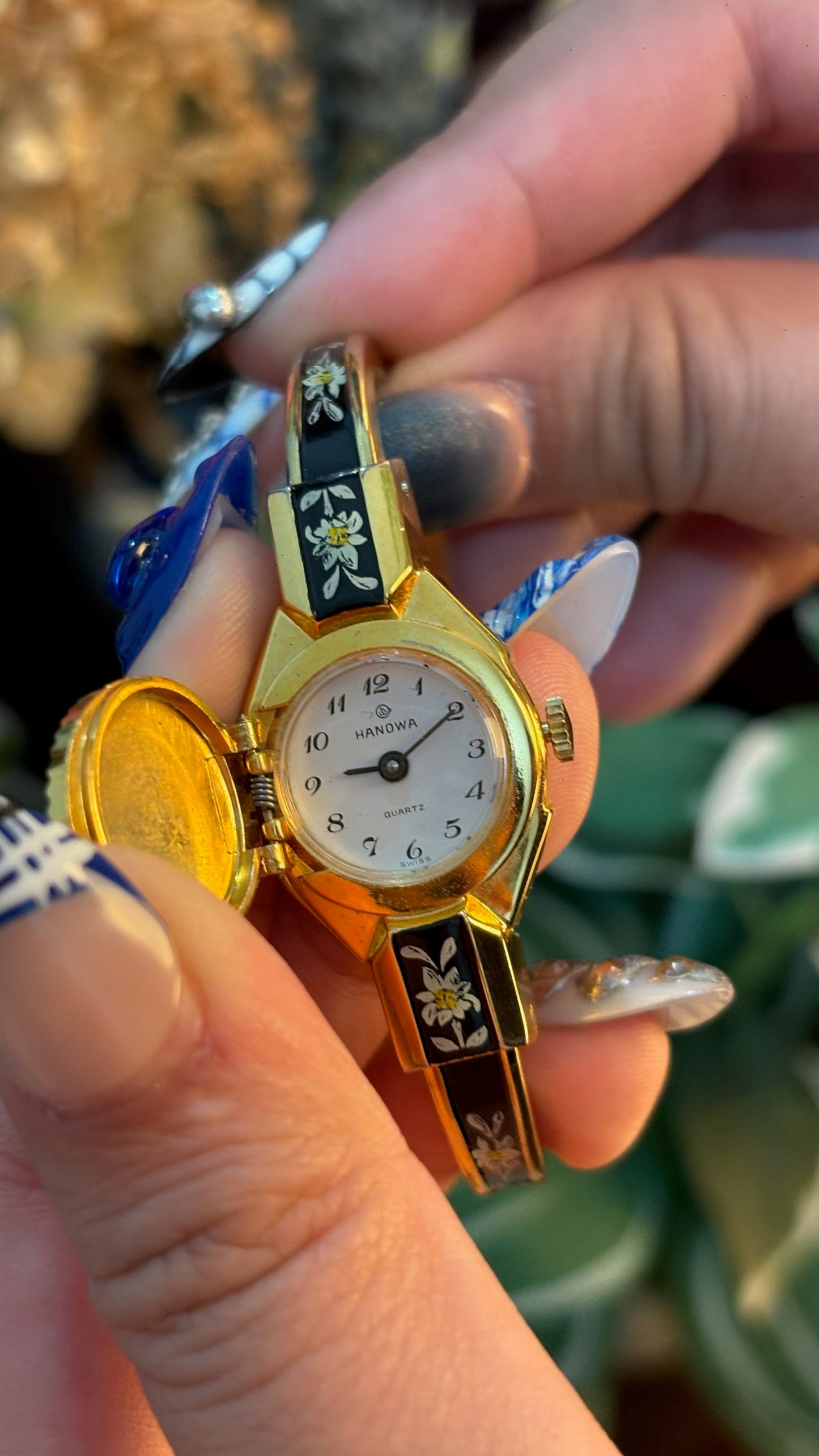 Extremely Rare Dainty Vintage Hanowa Black Victorian Peekaboo Watch in Gold Tone Quartz