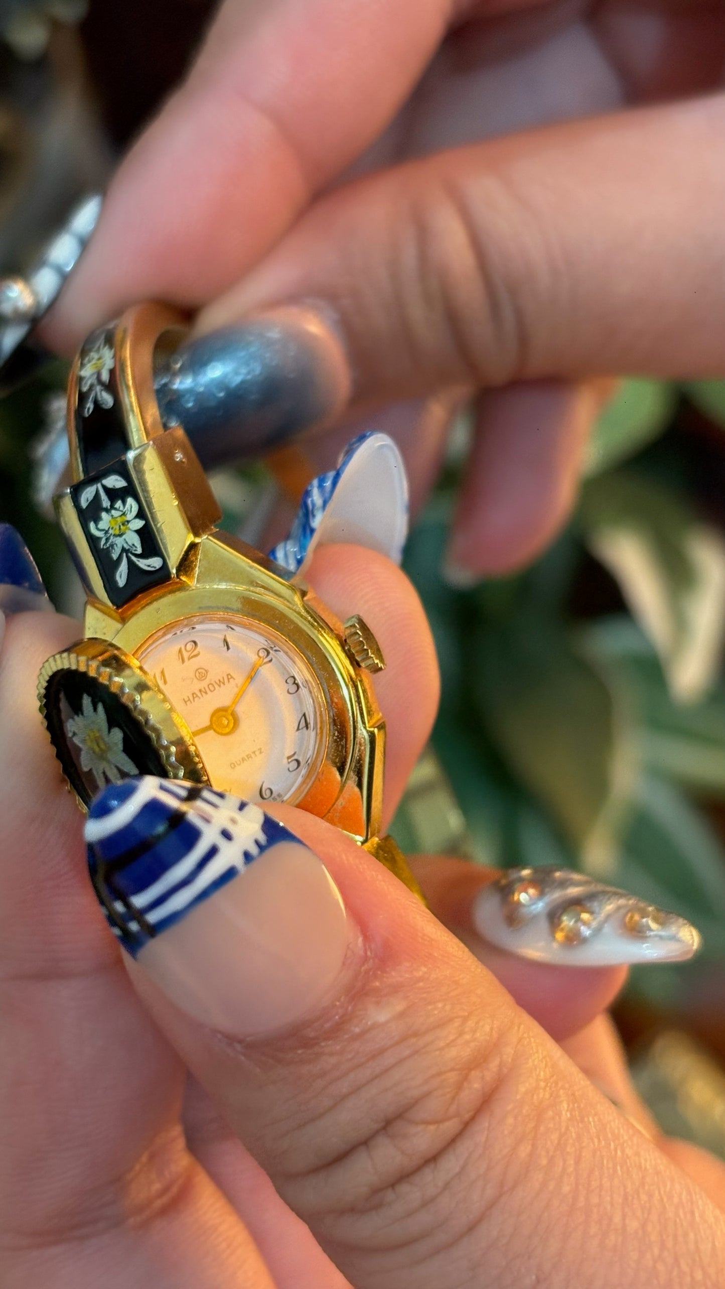 Extremely Rare Dainty Vintage Hanowa Black Victorian Peekaboo Watch in Gold Tone Quartz