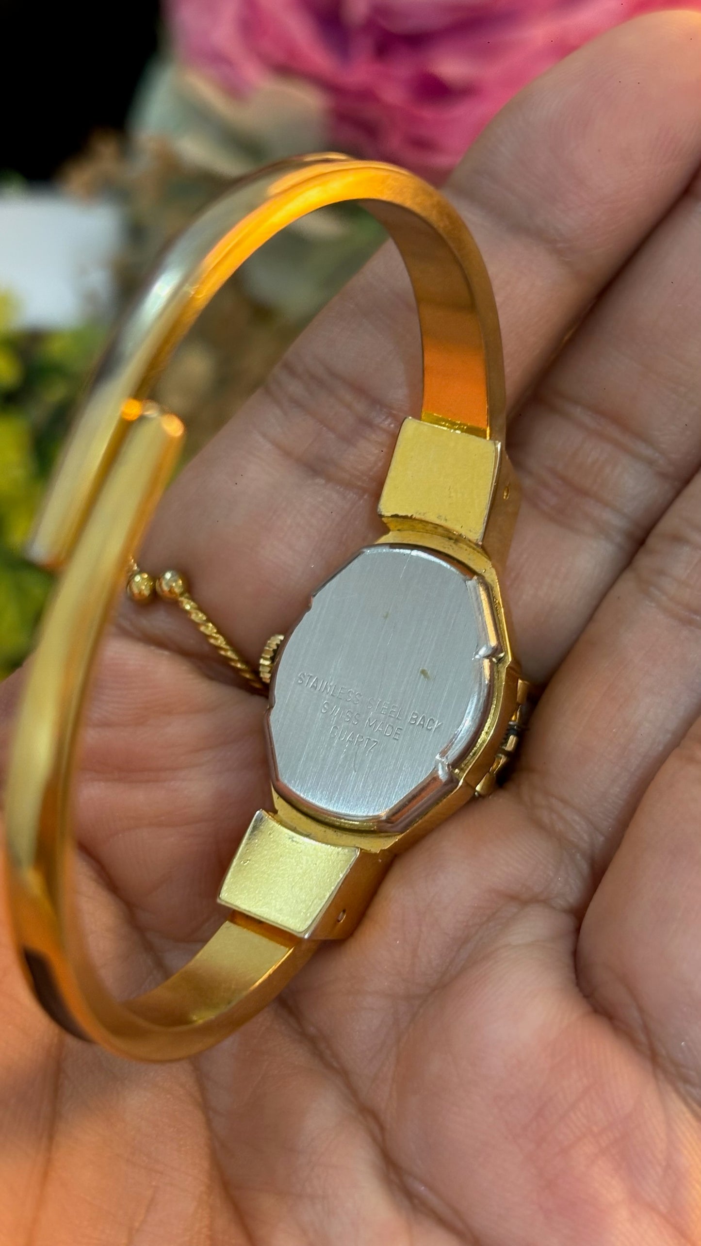 Extremely Rare Dainty Vintage Hanowa Black Victorian Peekaboo Watch in Gold Tone Quartz