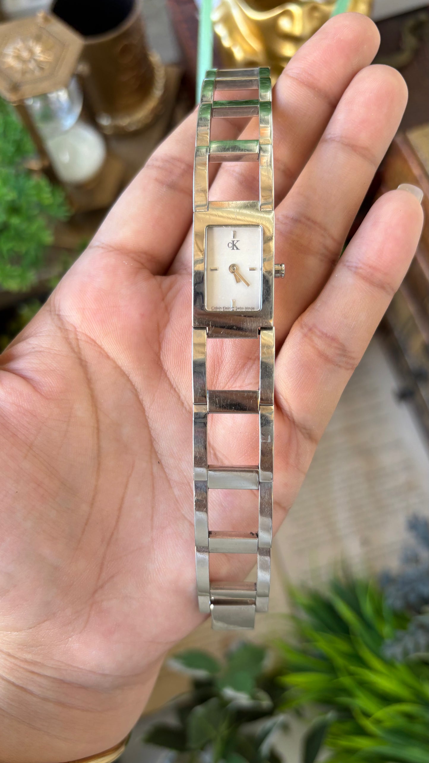 Vintage Calvin Klein Swiss Structured Chain Link Tank Watch in Silver Tone Quartz #00237