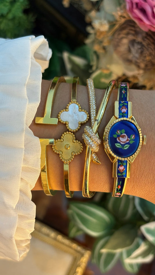 Extremely Rare Dainty Vintage Clowat Midnight Blue Victorian Peekaboo Watch in Gold Tone Quartz