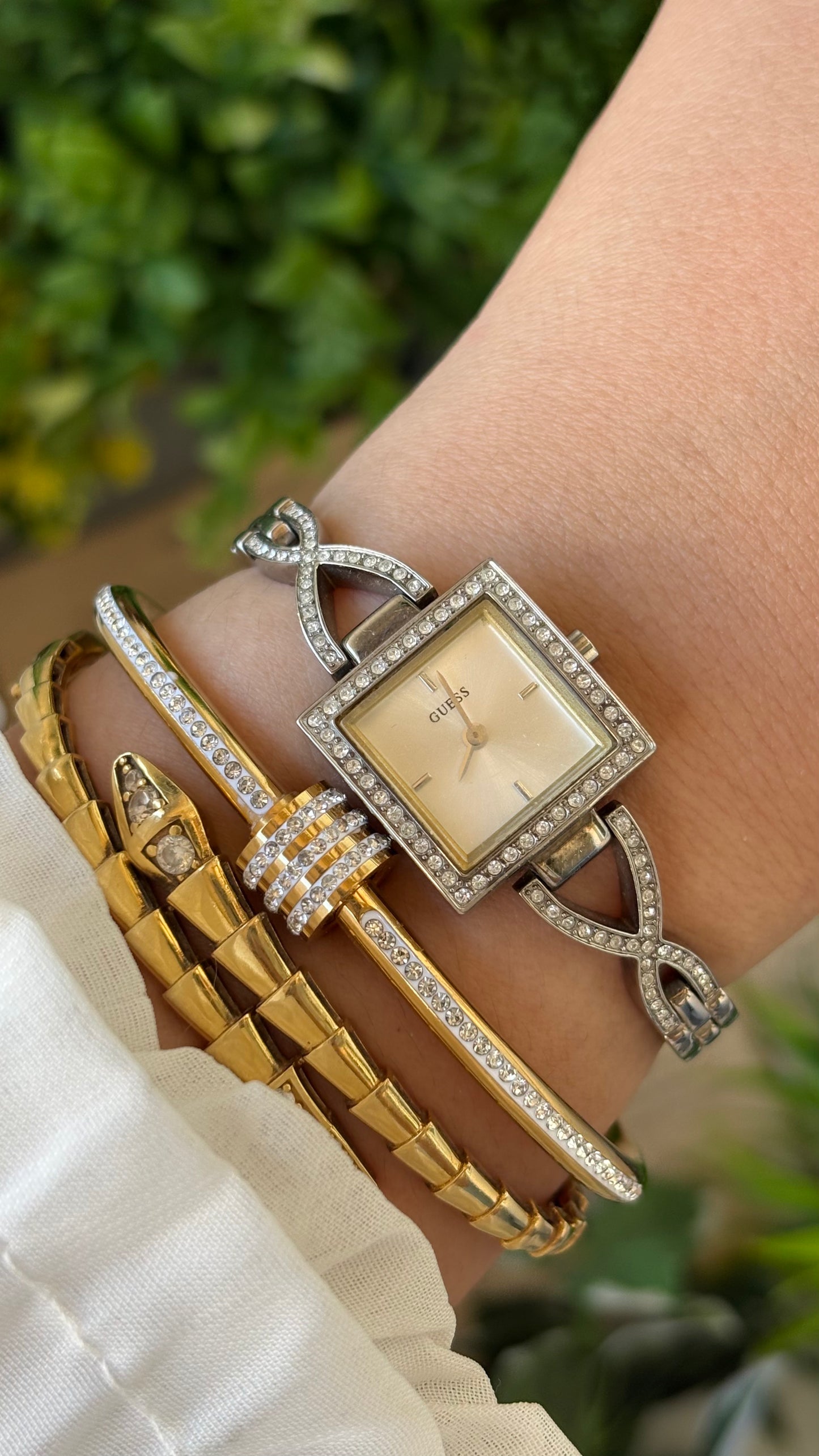 Vintage Dainty Guess Semi-Infinity Bejeweled Bracelet Watch in Silver Tone Quartz #00209