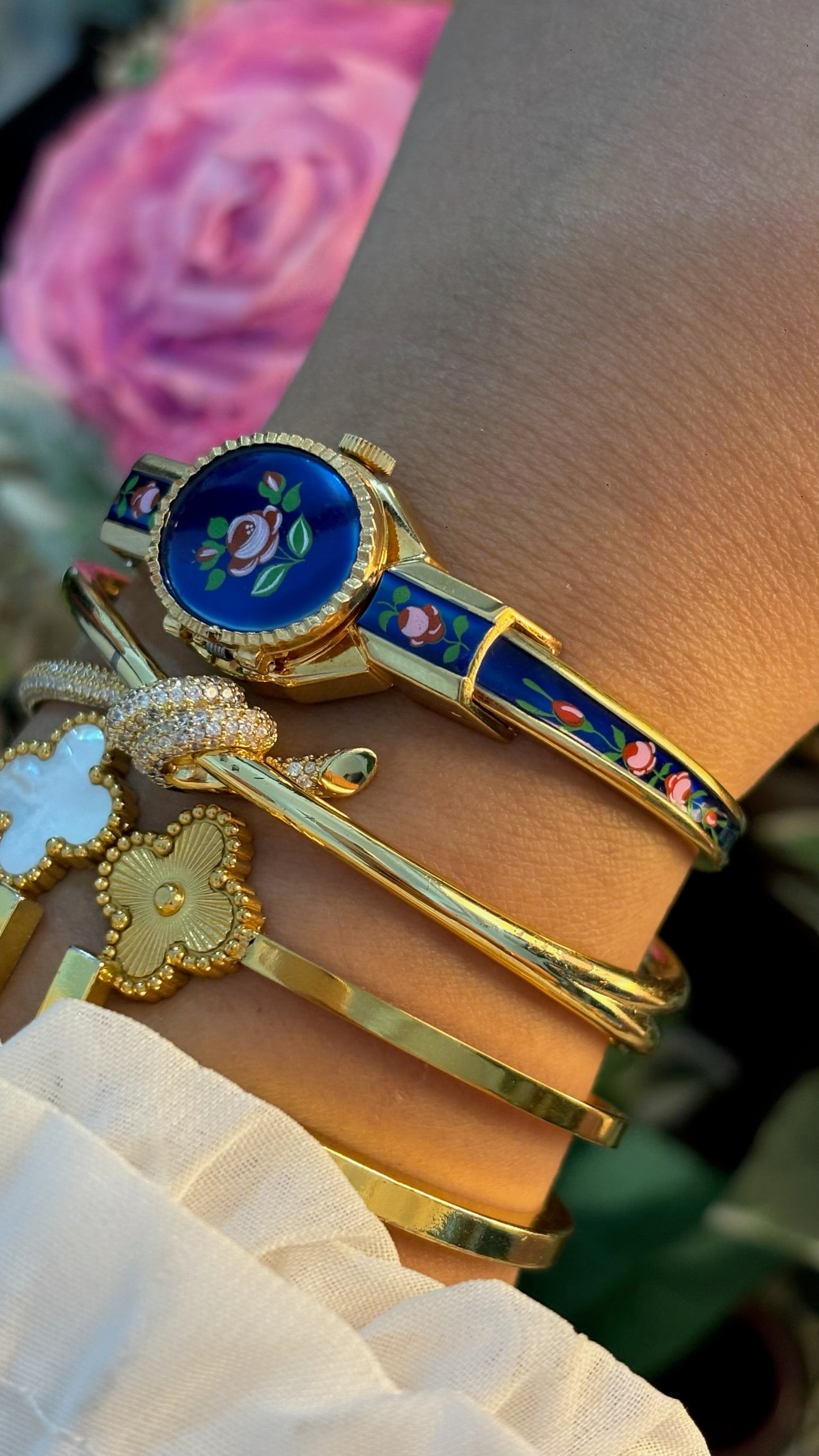 Extremely Rare Dainty Vintage Clowat Midnight Blue Victorian Peekaboo Watch in Gold Tone Quartz