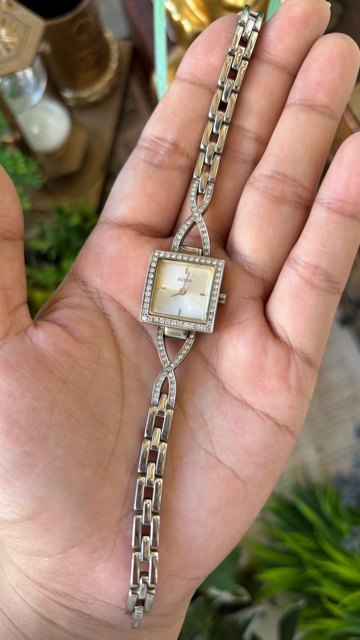 Vintage Dainty Guess Semi-Infinity Bejeweled Bracelet Watch in Silver Tone Quartz #00209