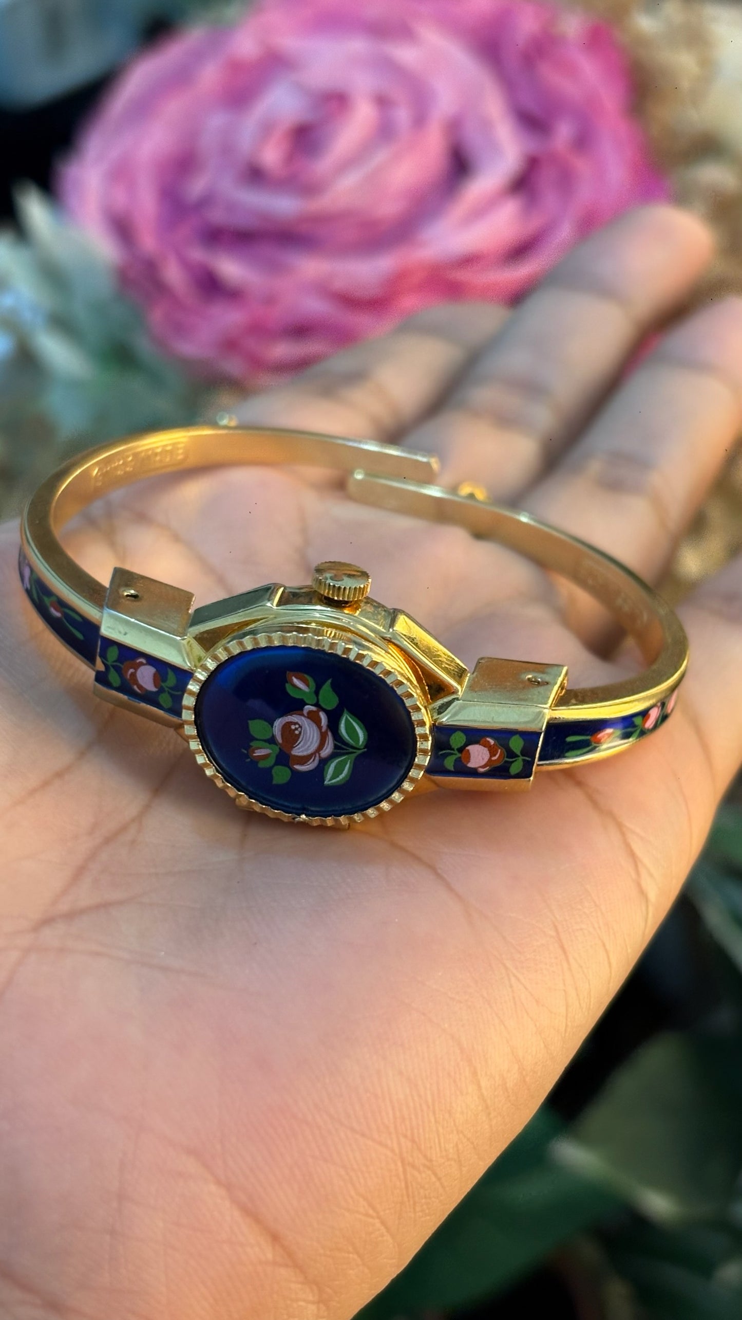 Extremely Rare Dainty Vintage Clowat Midnight Blue Victorian Peekaboo Watch in Gold Tone Quartz