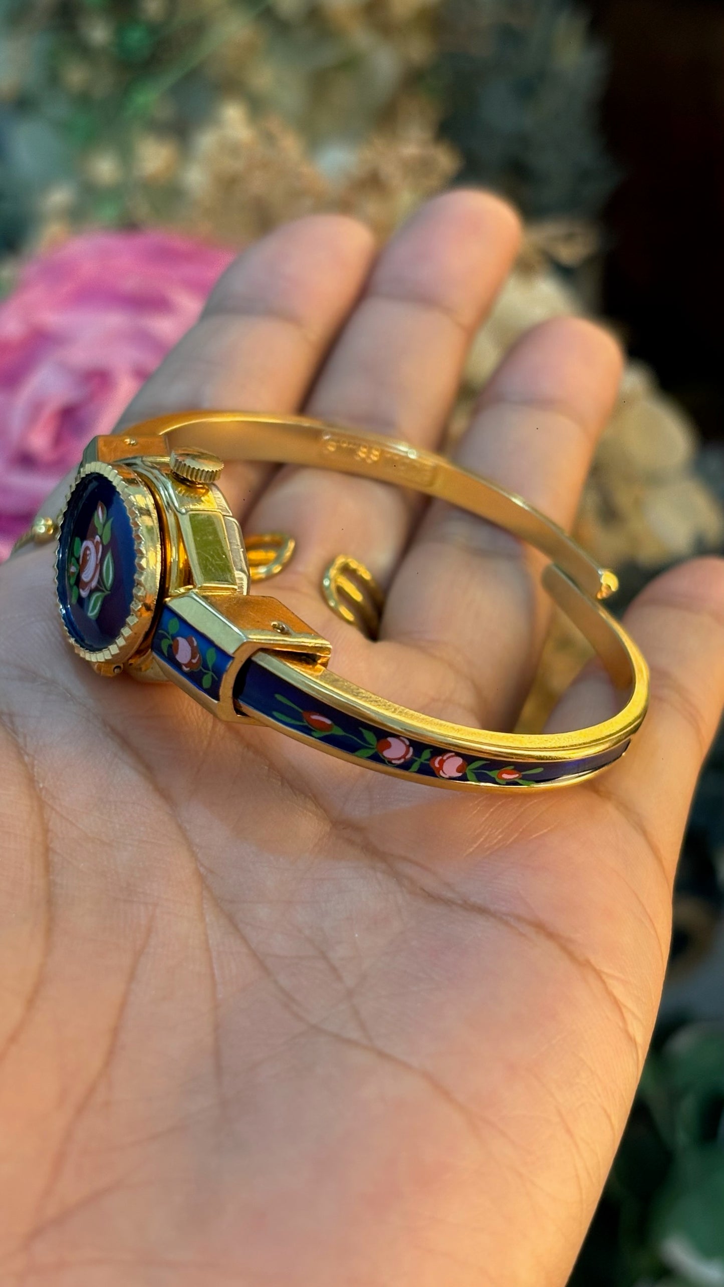 Extremely Rare Dainty Vintage Clowat Midnight Blue Victorian Peekaboo Watch in Gold Tone Quartz