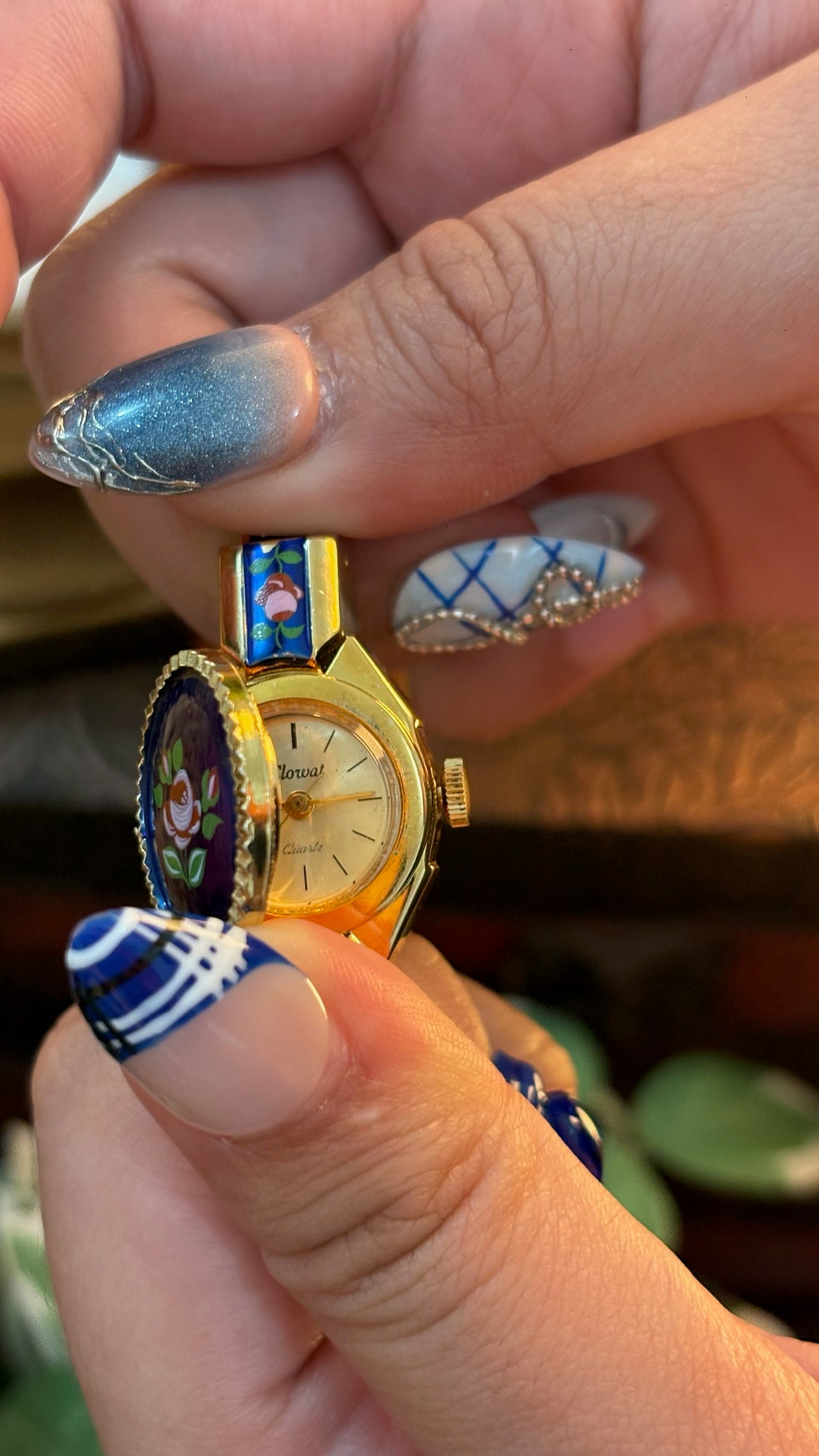 Extremely Rare Dainty Vintage Clowat Midnight Blue Victorian Peekaboo Watch in Gold Tone Quartz