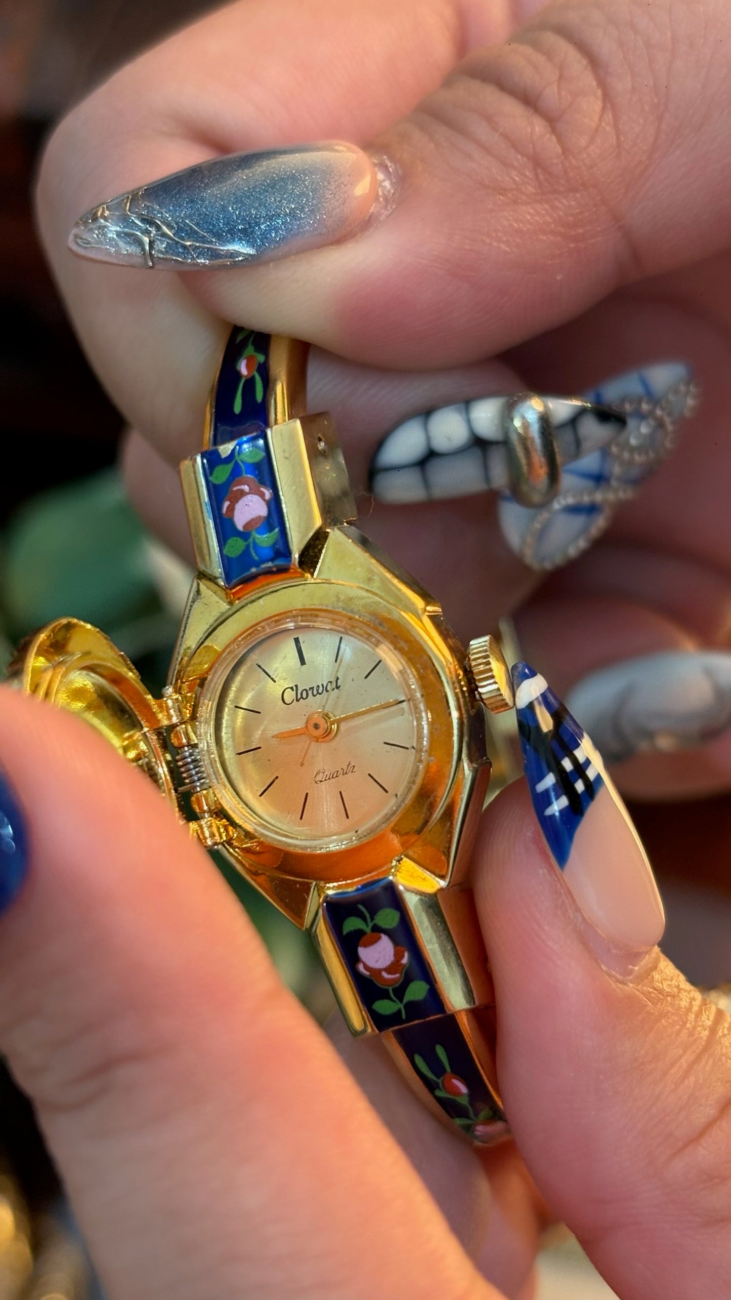 Extremely Rare Dainty Vintage Clowat Midnight Blue Victorian Peekaboo Watch in Gold Tone Quartz
