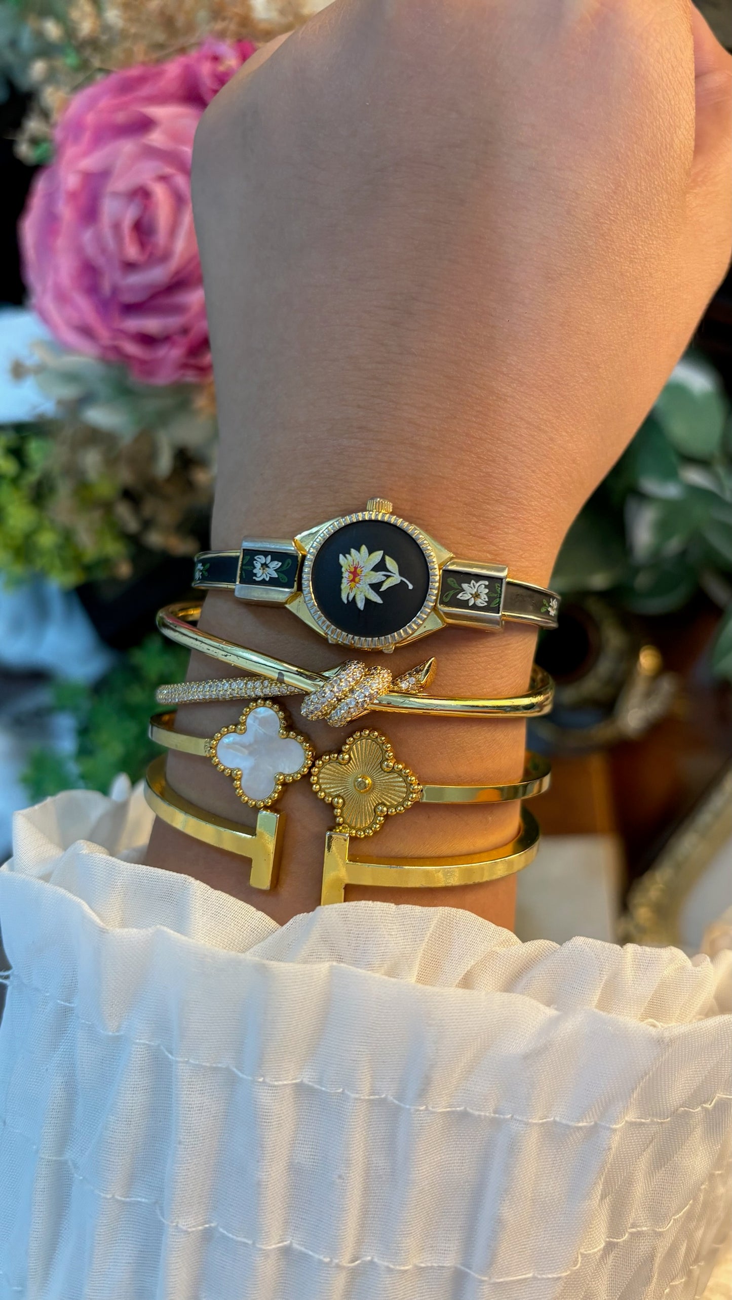 Extremely Rare Dainty Vintage Liebe Victorian Black Peekaboo Watch in Gold Tone Quartz