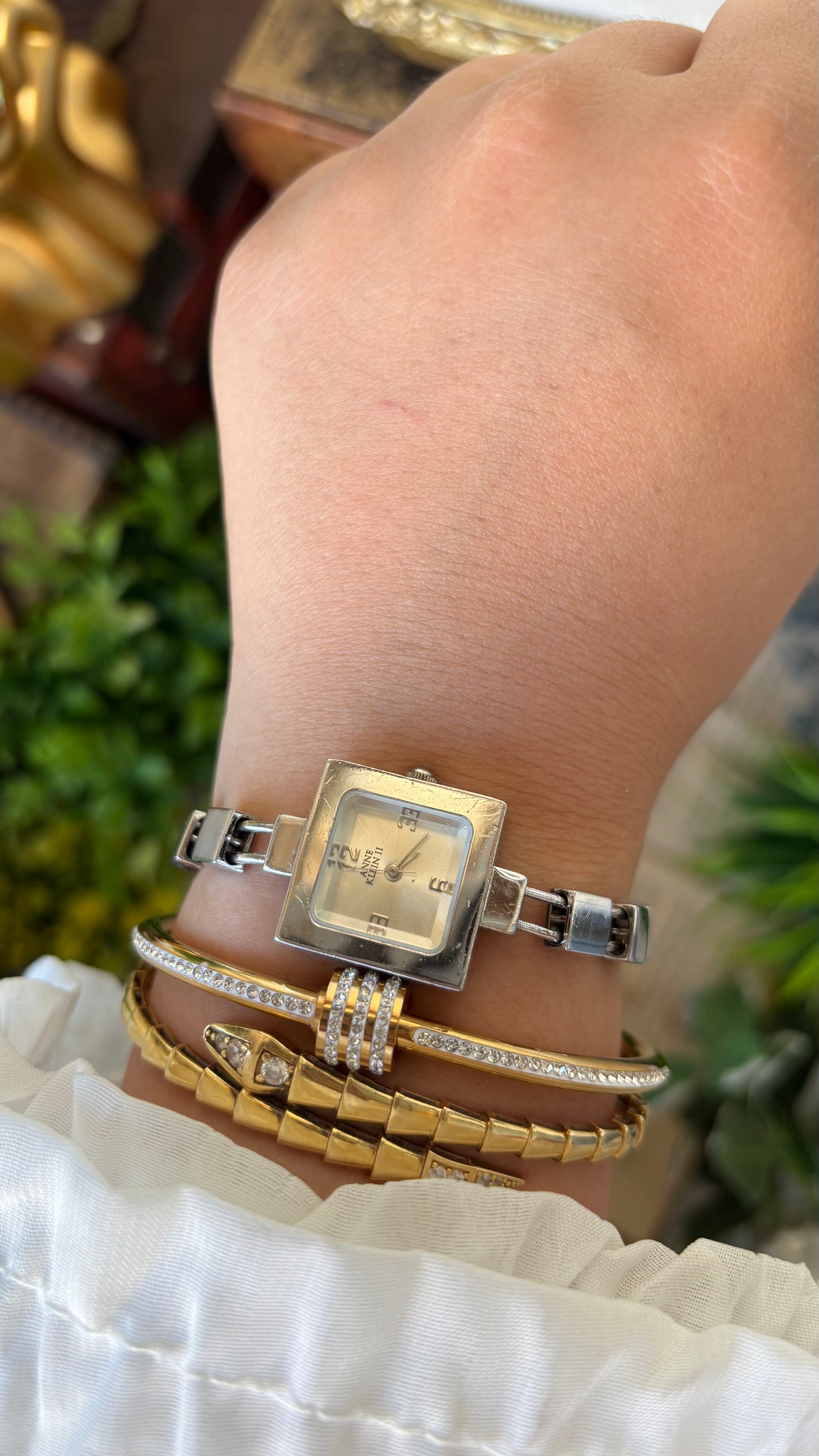Rare Vintage Anne Klein Square Bead Double Bracelet Watch in Silver Tone Quartz #00224