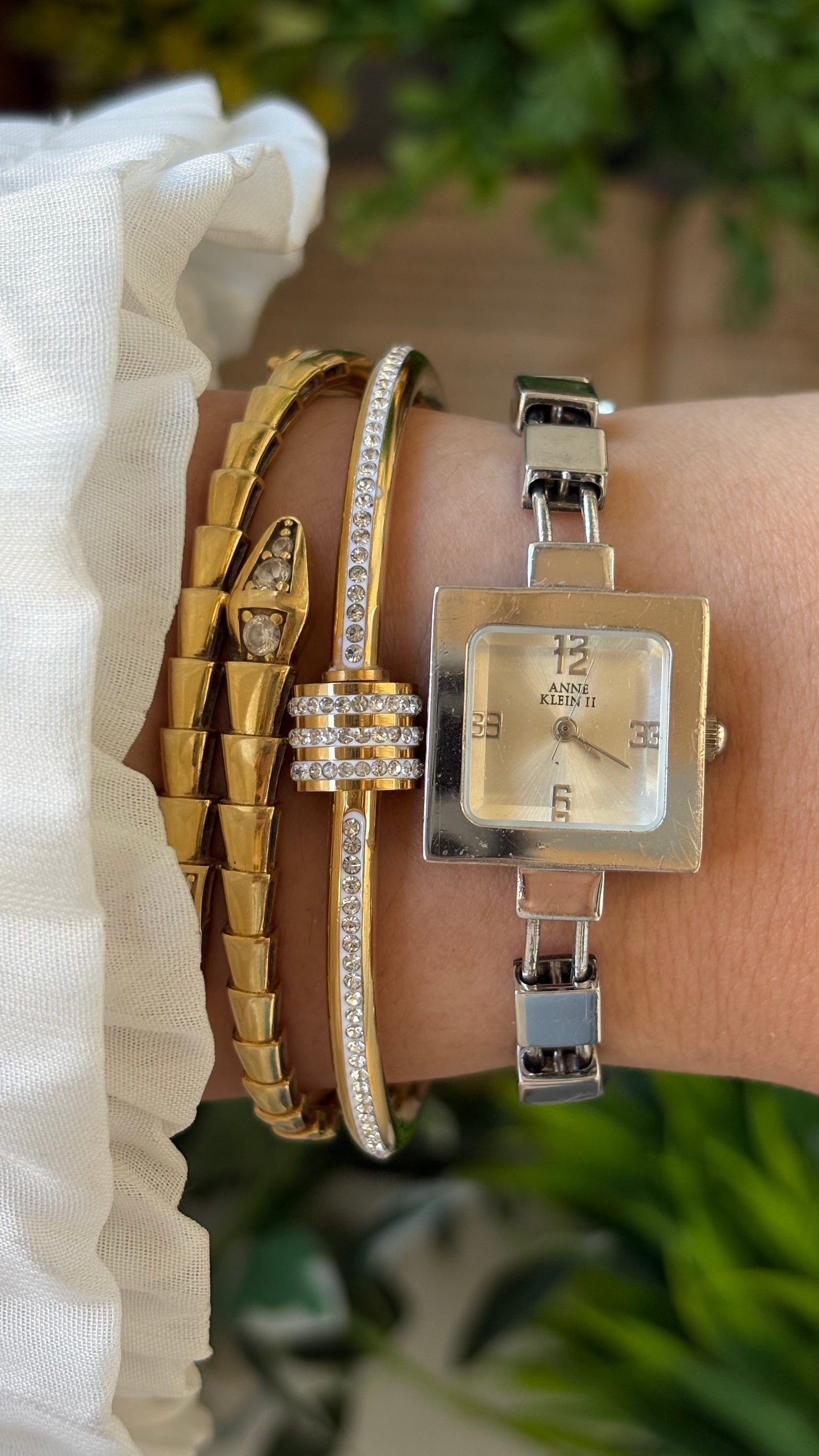Rare Vintage Anne Klein Square Bead Double Bracelet Watch in Silver Tone Quartz #00224