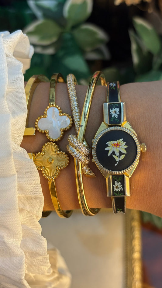 Extremely Rare Dainty Vintage Liebe Victorian Black Peekaboo Watch in Gold Tone Quartz
