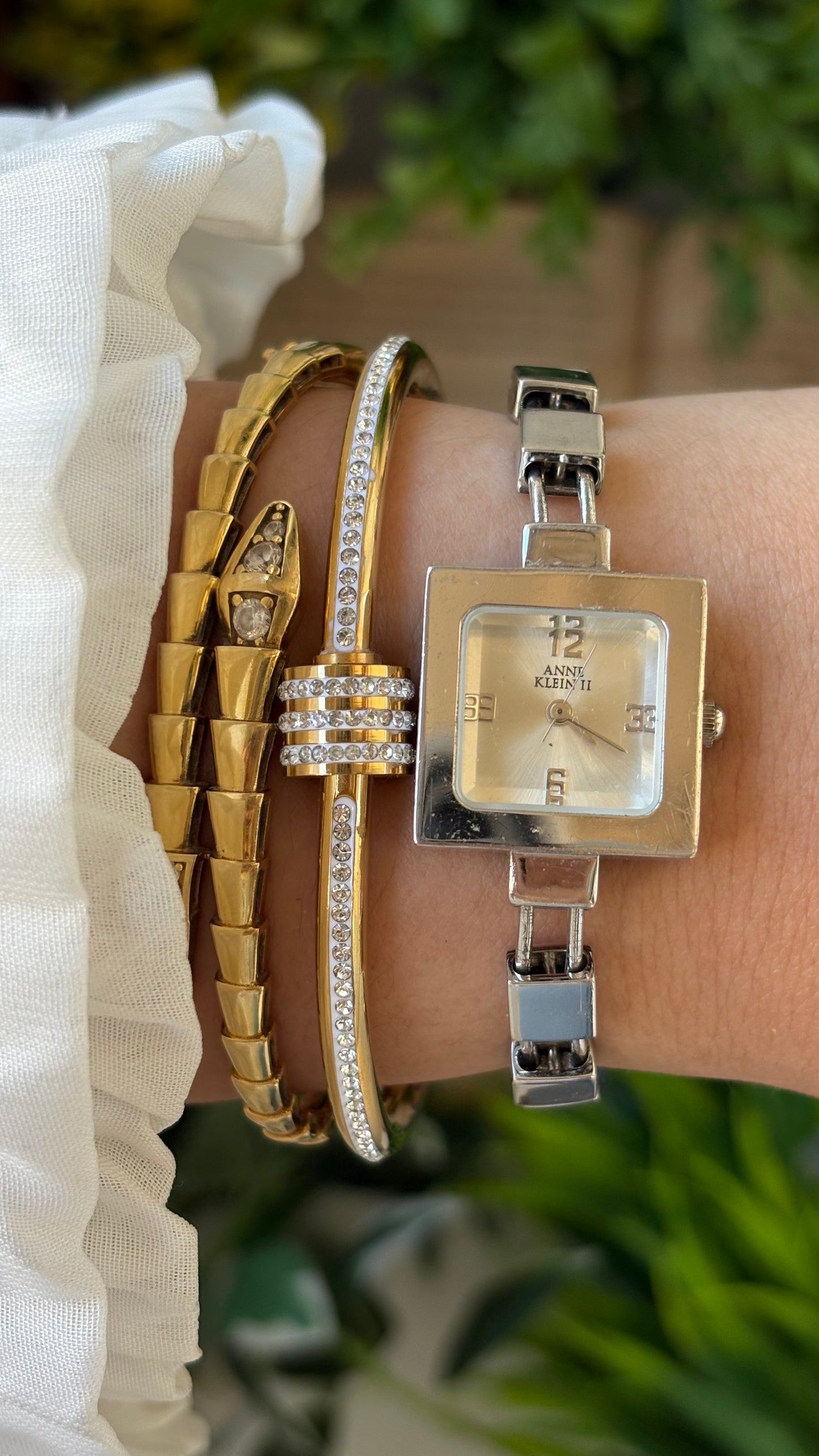 Rare Vintage Anne Klein Square Bead Double Bracelet Watch in Silver Tone Quartz #00224