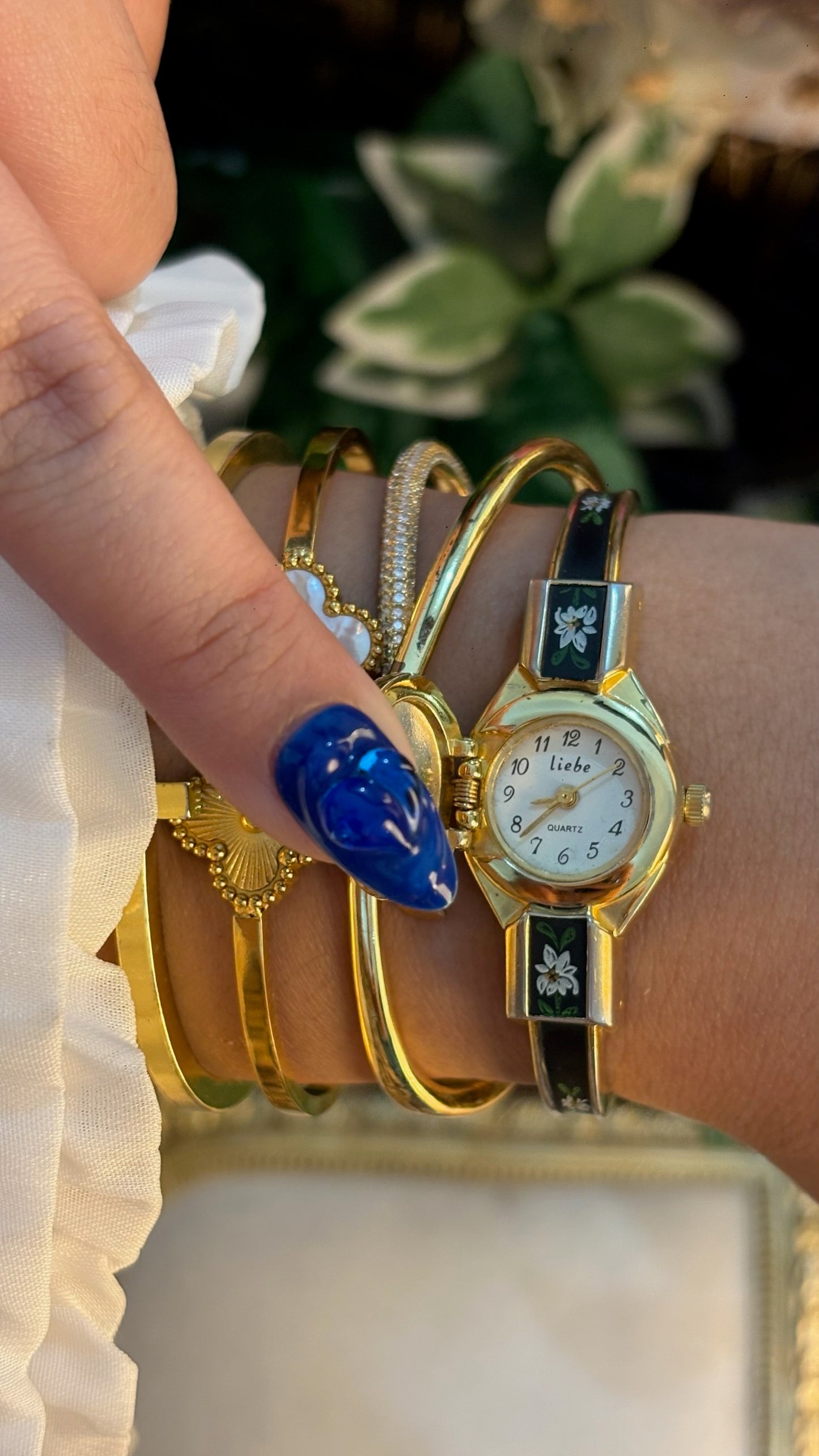 Extremely Rare Dainty Vintage Liebe Victorian Black Peekaboo Watch in Gold Tone Quartz