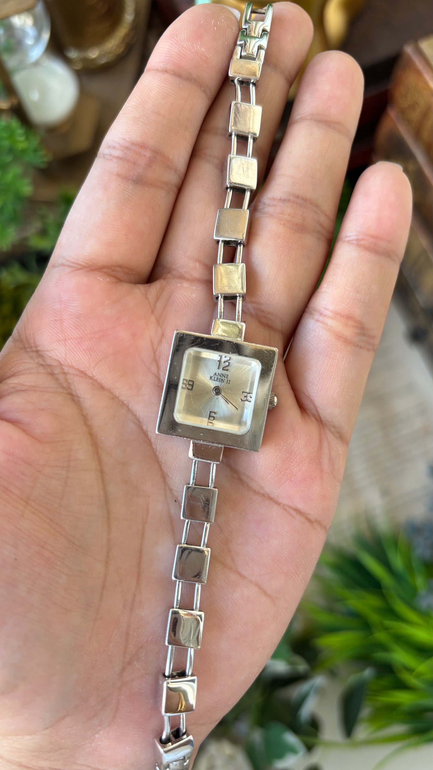 Rare Vintage Anne Klein Square Bead Double Bracelet Watch in Silver Tone Quartz #00224