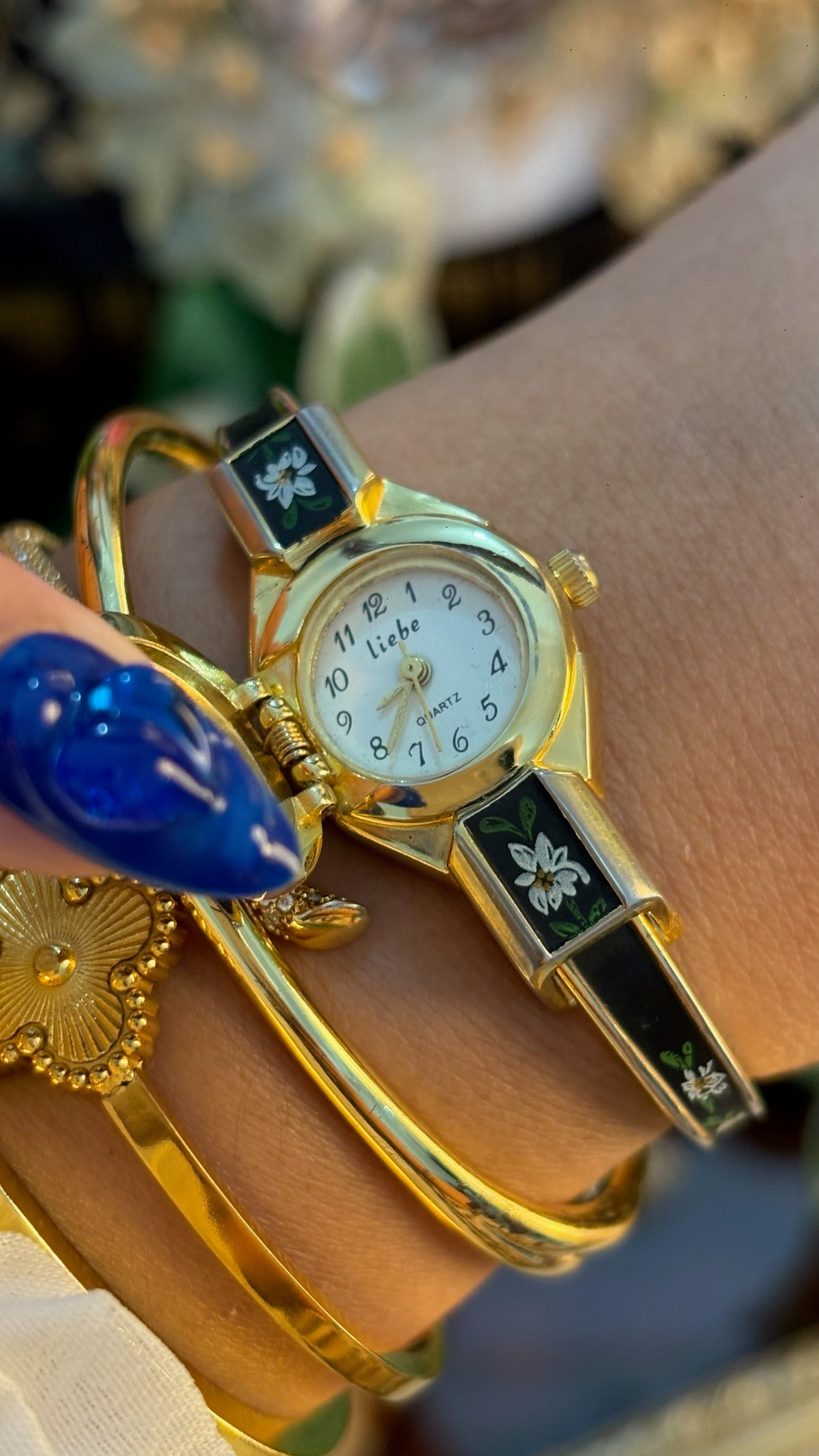 Extremely Rare Dainty Vintage Liebe Victorian Black Peekaboo Watch in Gold Tone Quartz