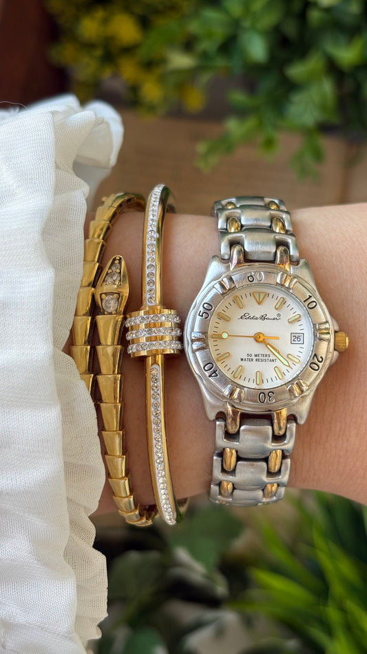 Vintage Eddie Bauer Date Window Sports Link Watch in Two-Tone Quartz #00236