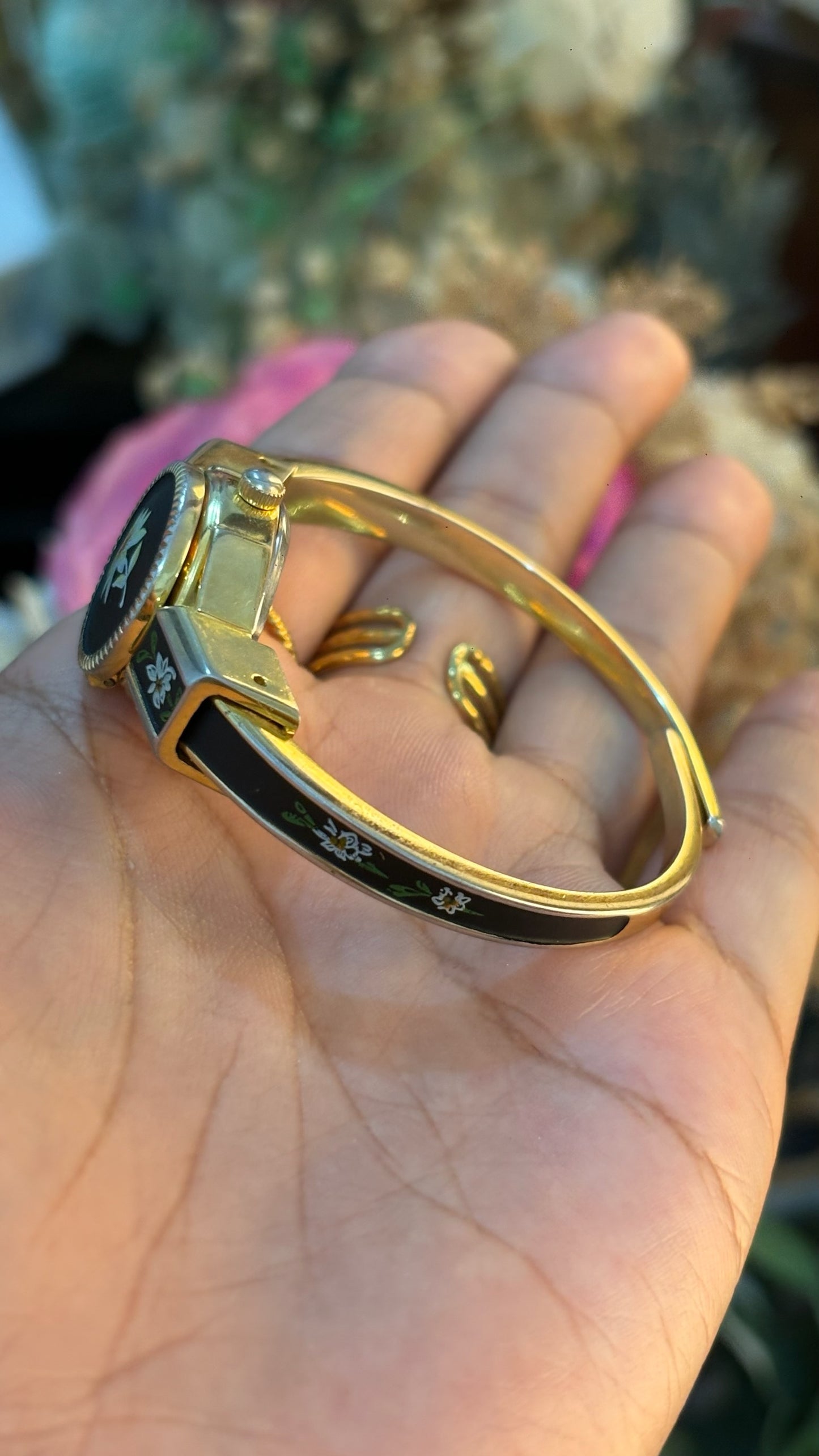 Extremely Rare Dainty Vintage Liebe Victorian Black Peekaboo Watch in Gold Tone Quartz