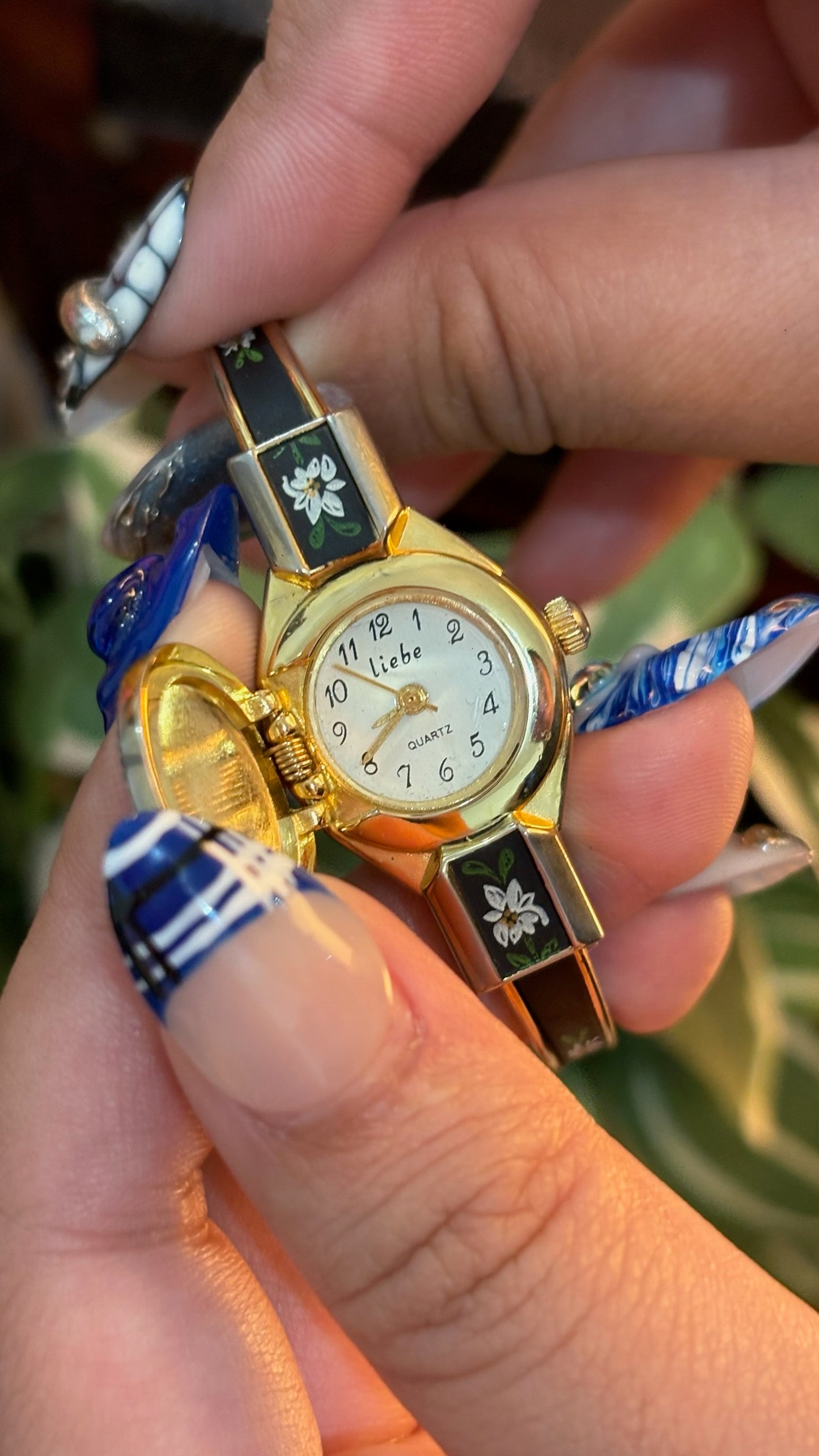 Extremely Rare Dainty Vintage Liebe Victorian Black Peekaboo Watch in Gold Tone Quartz