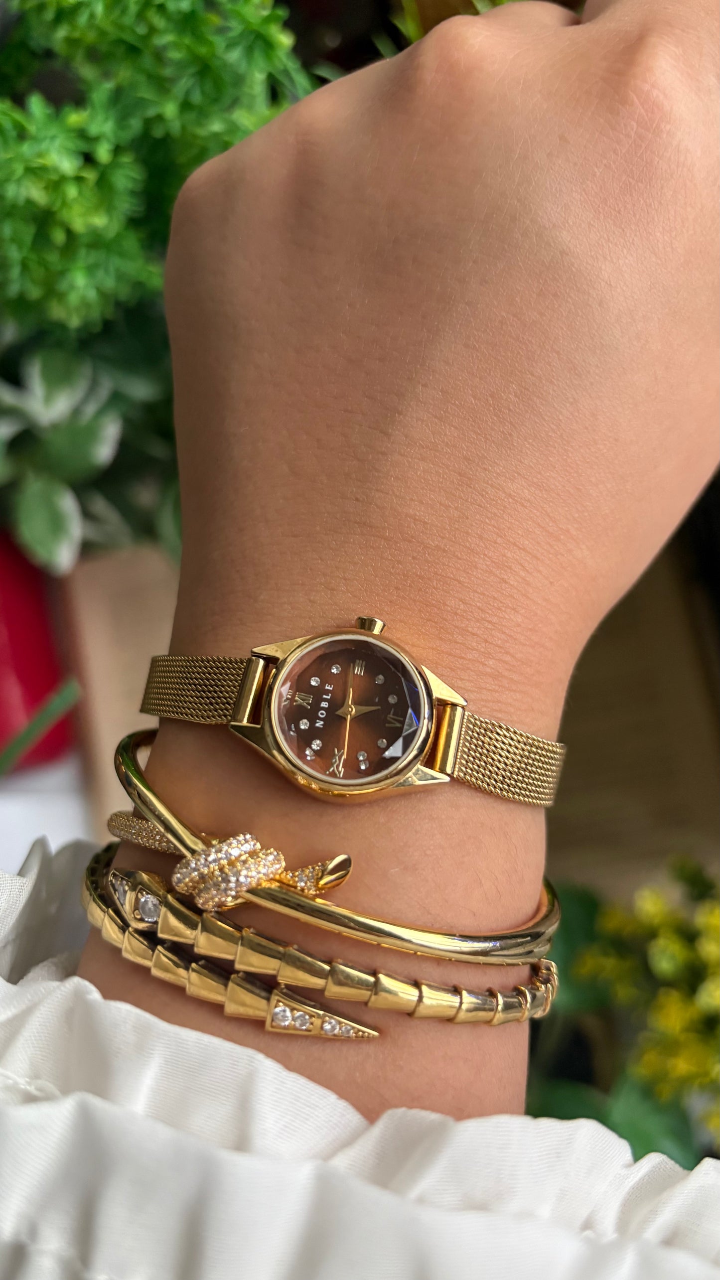 Vintage Noble Dainty Watch in Gold Tone Burgundy Brown Dial