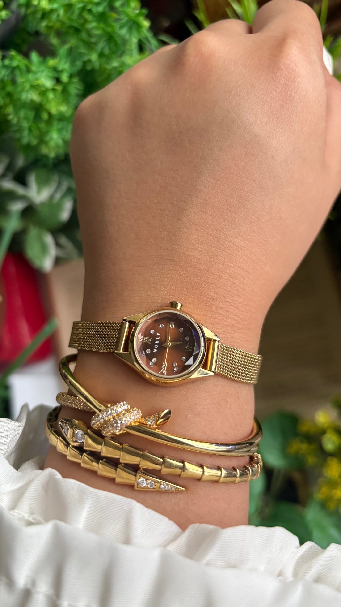Vintage Noble Dainty Watch in Gold Tone Burgundy Brown Dial