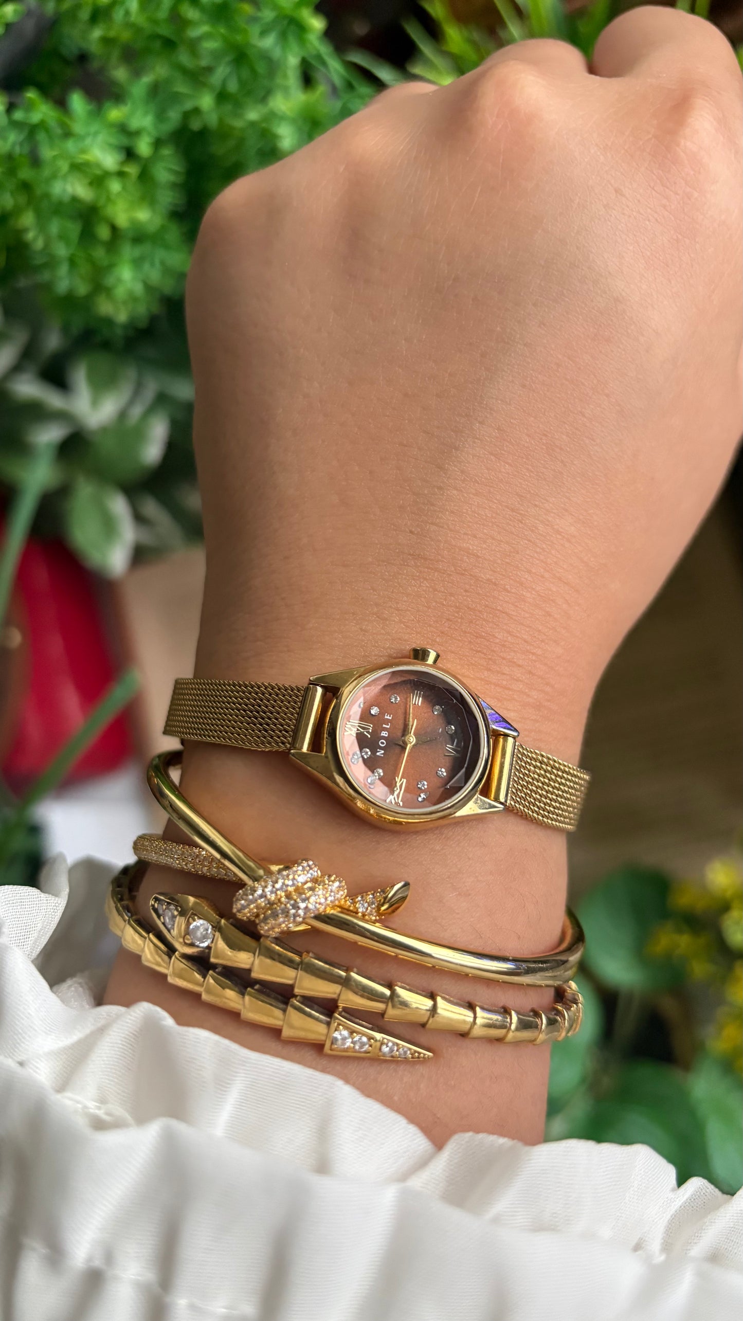 Vintage Noble Dainty Watch in Gold Tone Burgundy Brown Dial