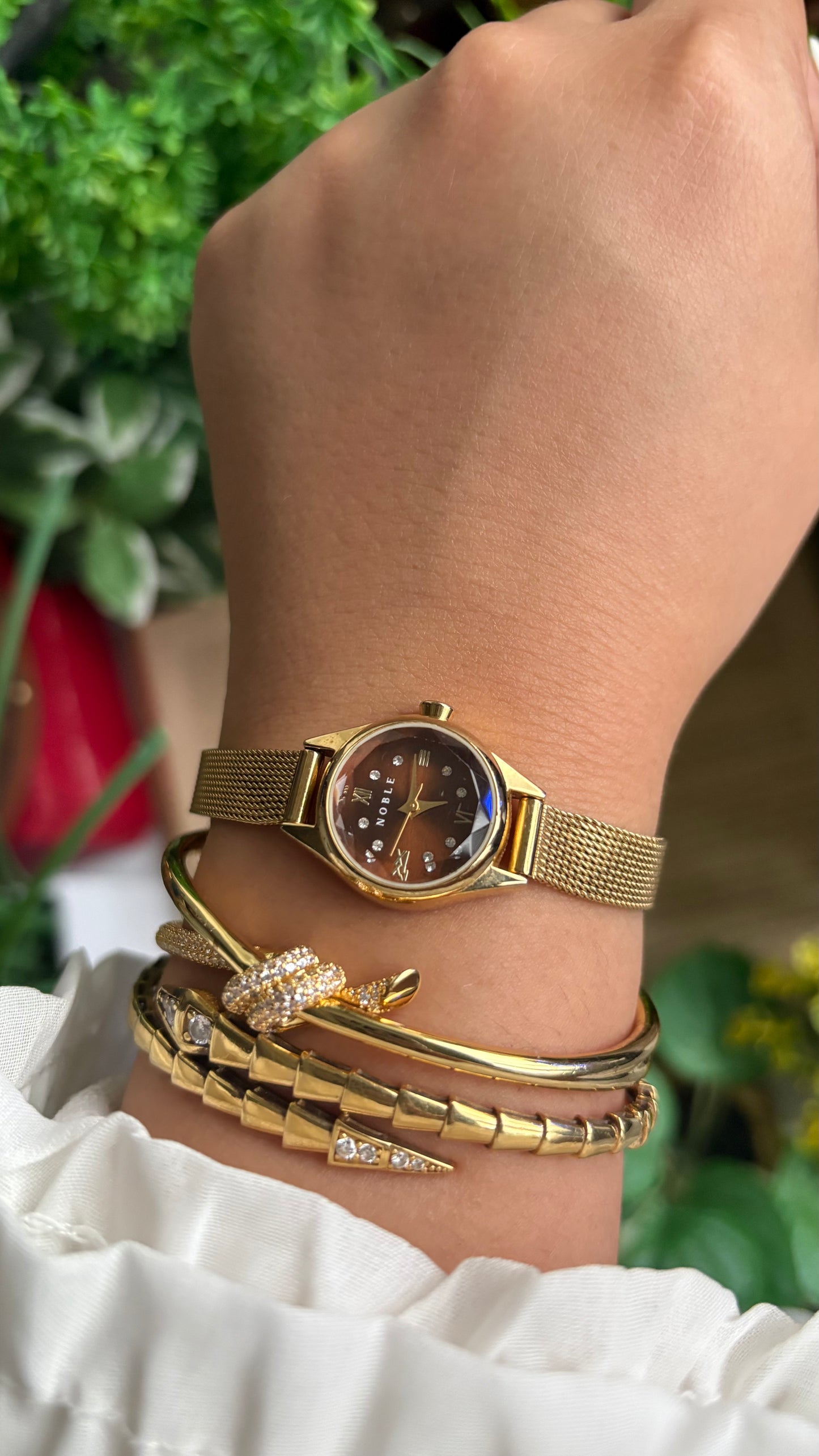 Vintage Noble Dainty Watch in Gold Tone Burgundy Brown Dial