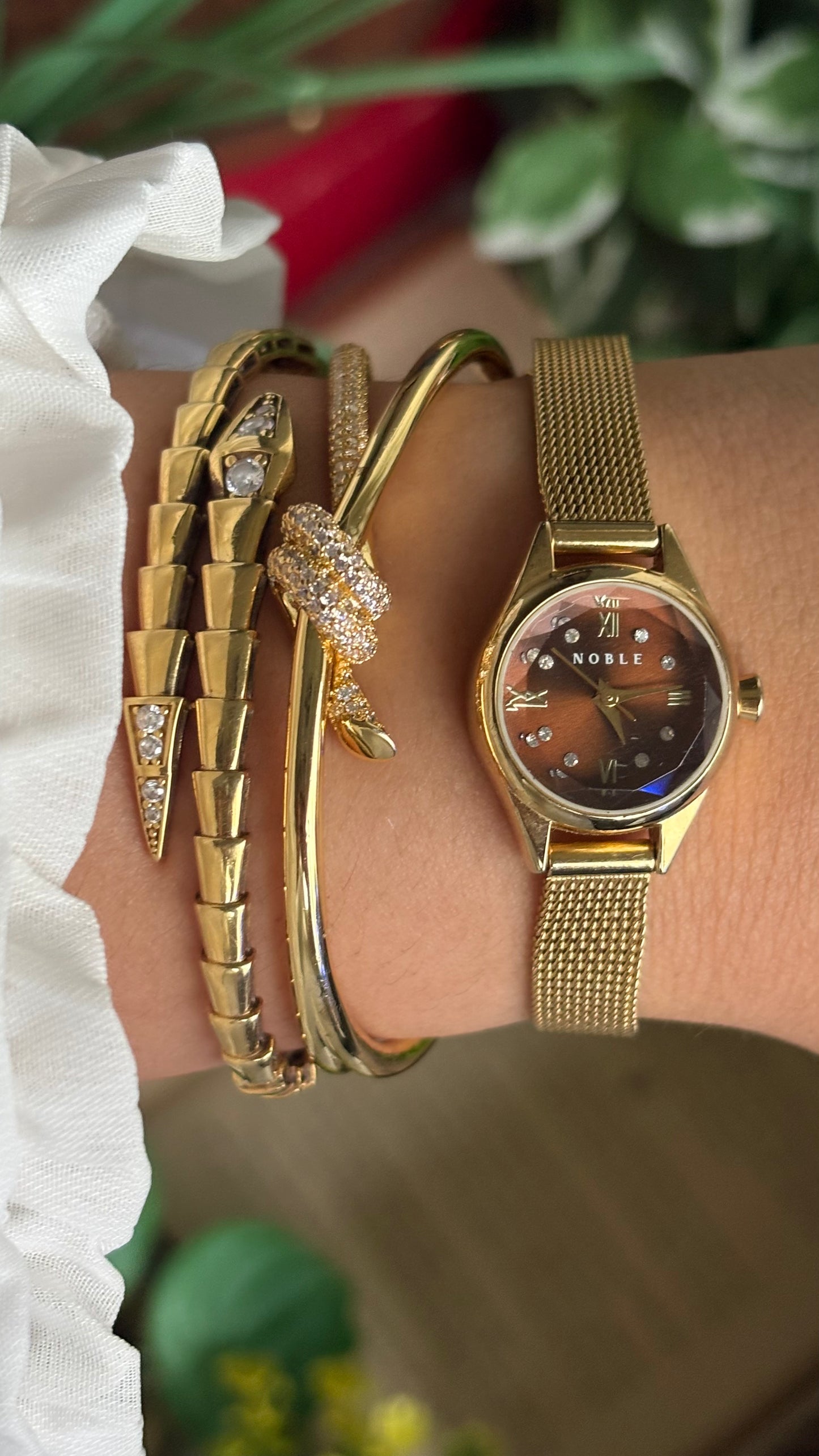 Vintage Noble Dainty Watch in Gold Tone Burgundy Brown Dial