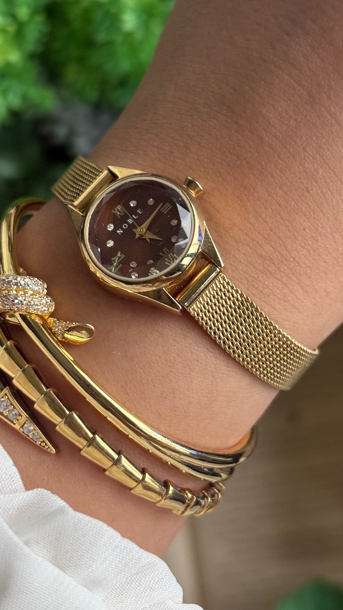 Vintage Noble Dainty Watch in Gold Tone Burgundy Brown Dial