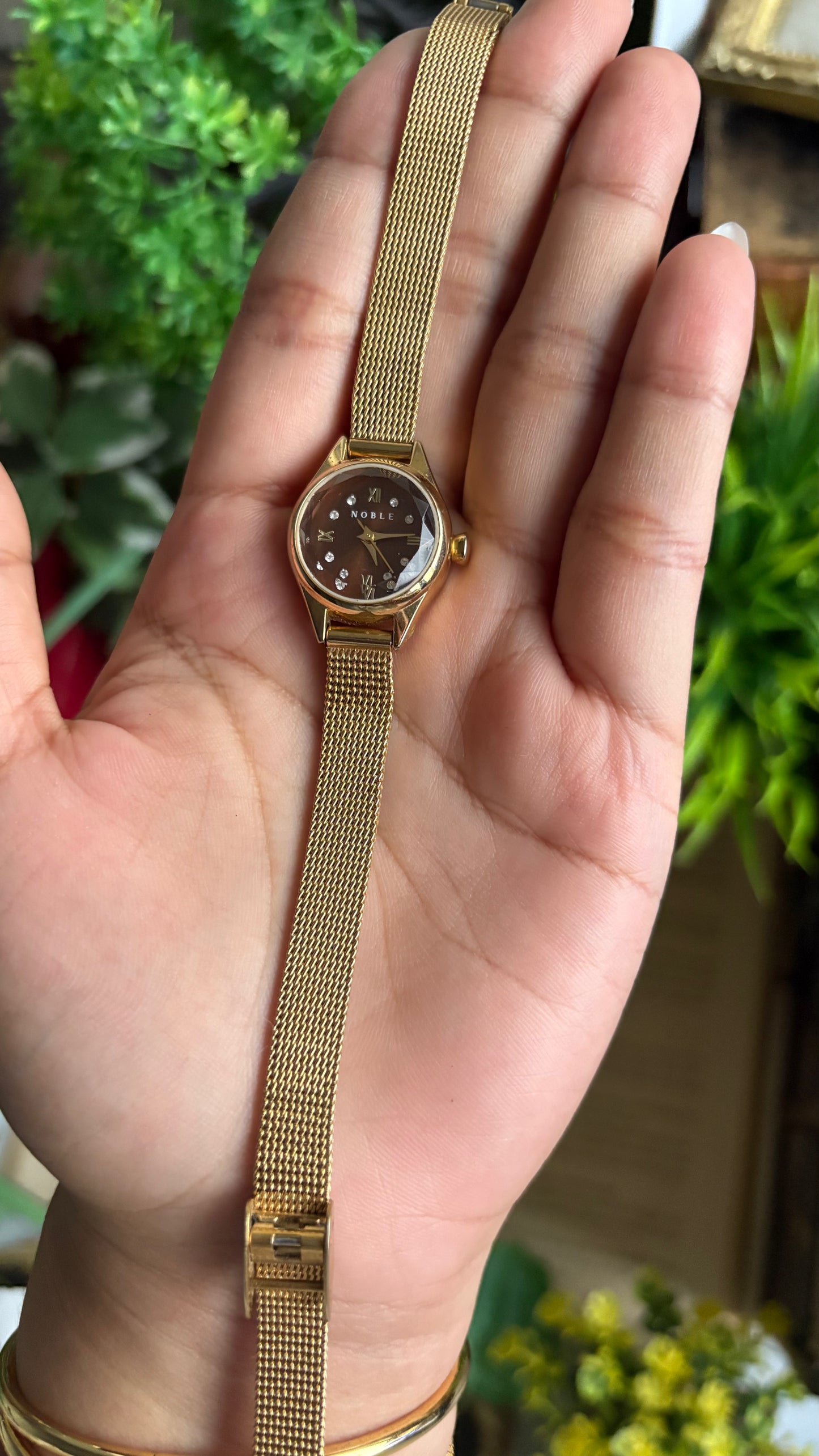 Vintage Noble Dainty Watch in Gold Tone Burgundy Brown Dial