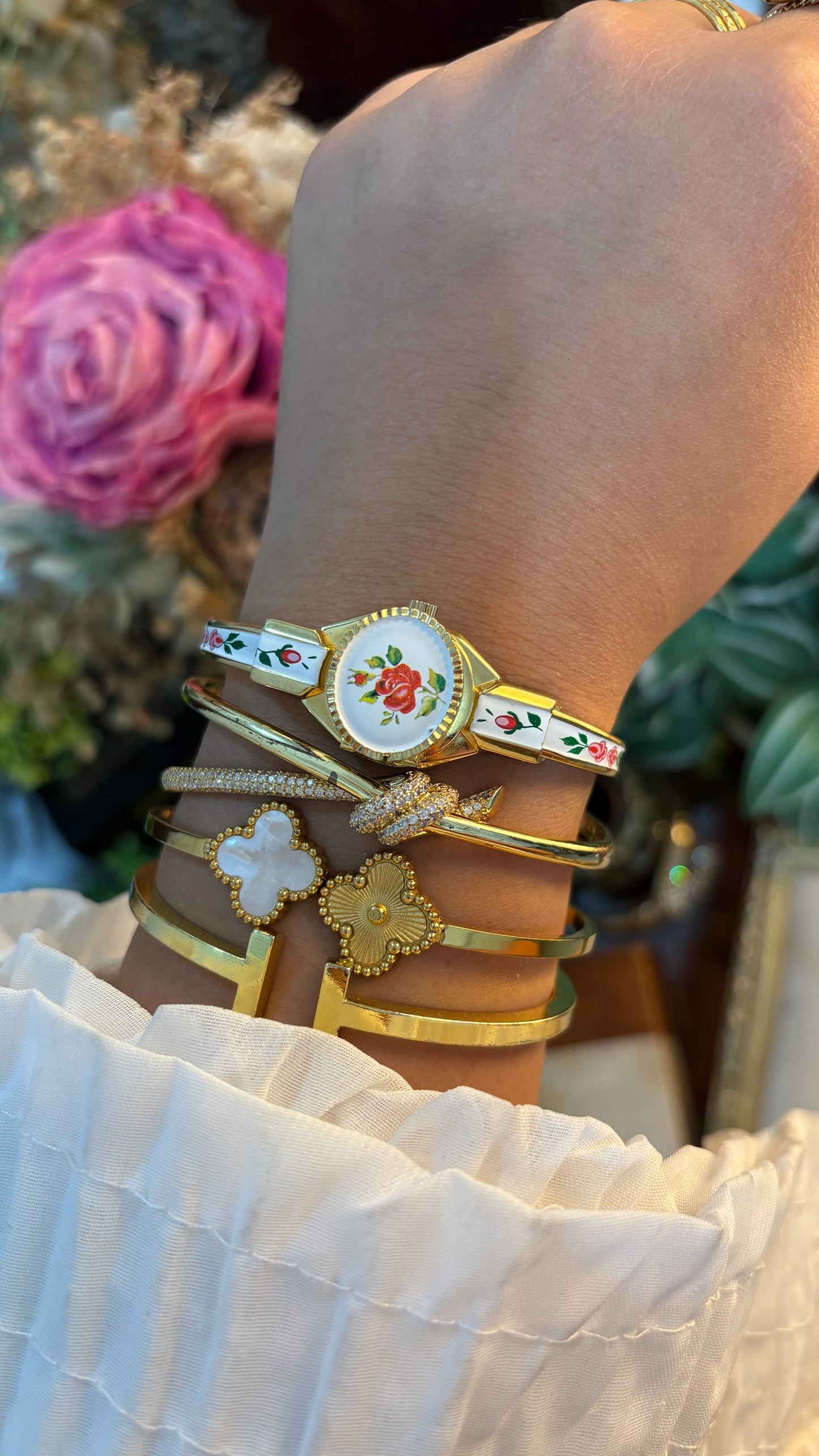 Extremely Rare Dainty Vintage Bornoy White Victoria Peekaboo Watch in Gold Tone Quartz