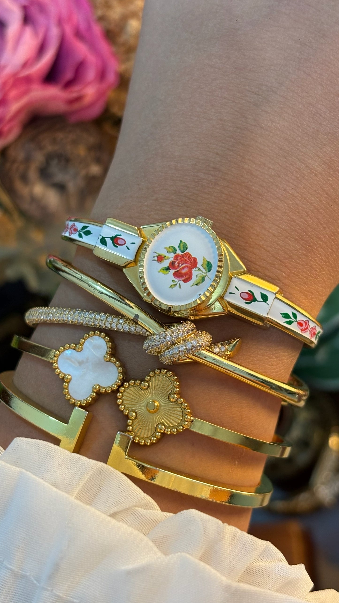 Extremely Rare Dainty Vintage Bornoy White Victoria Peekaboo Watch in Gold Tone Quartz