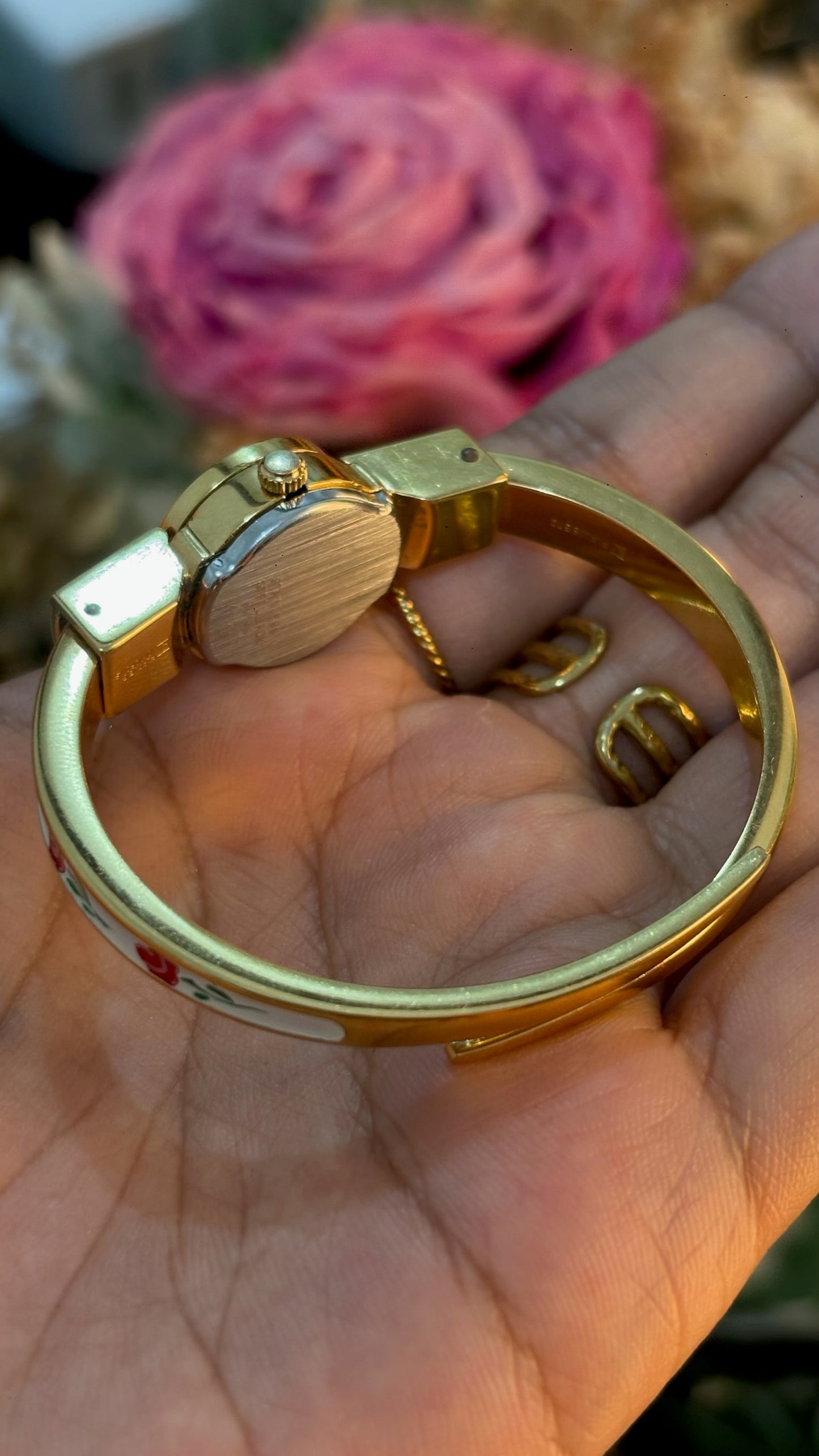 Extremely Rare Dainty Vintage Bornoy White Victoria Peekaboo Watch in Gold Tone Quartz