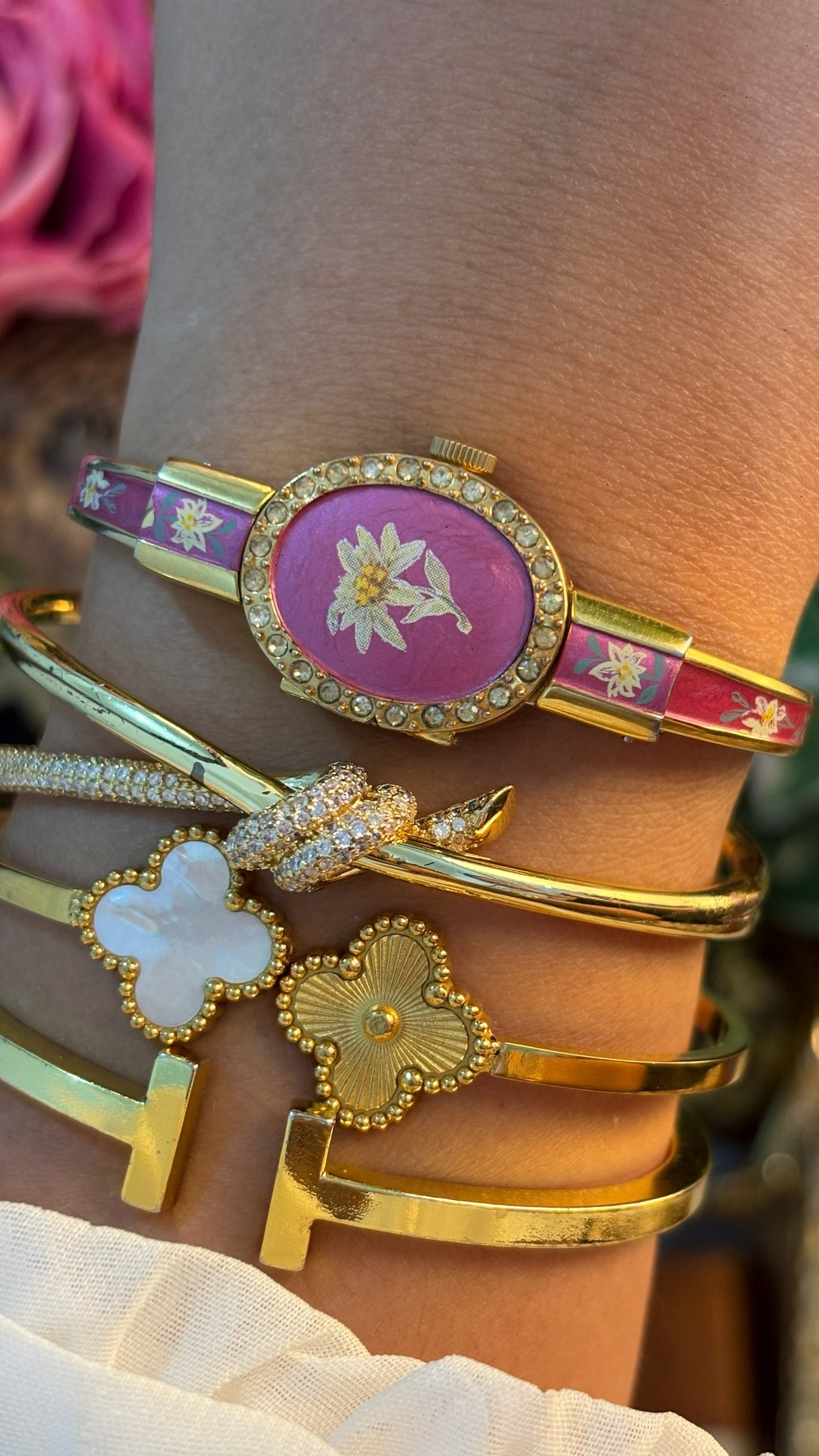 Extremely Rare Dainty Vintage Itraco Pink Victorian Peekaboo Watch in Gold Tone Quartz