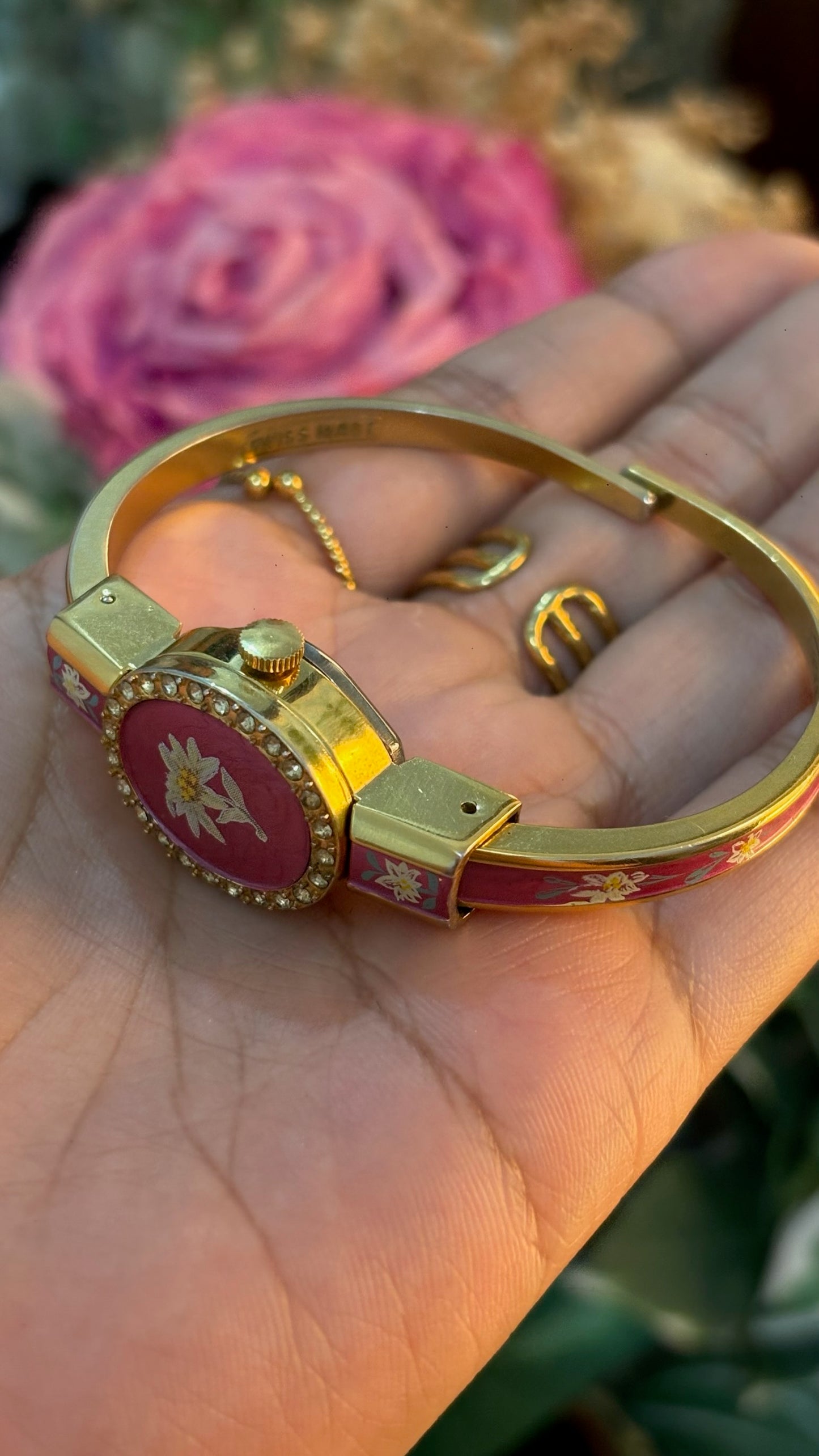 Extremely Rare Dainty Vintage Itraco Pink Victorian Peekaboo Watch in Gold Tone Quartz