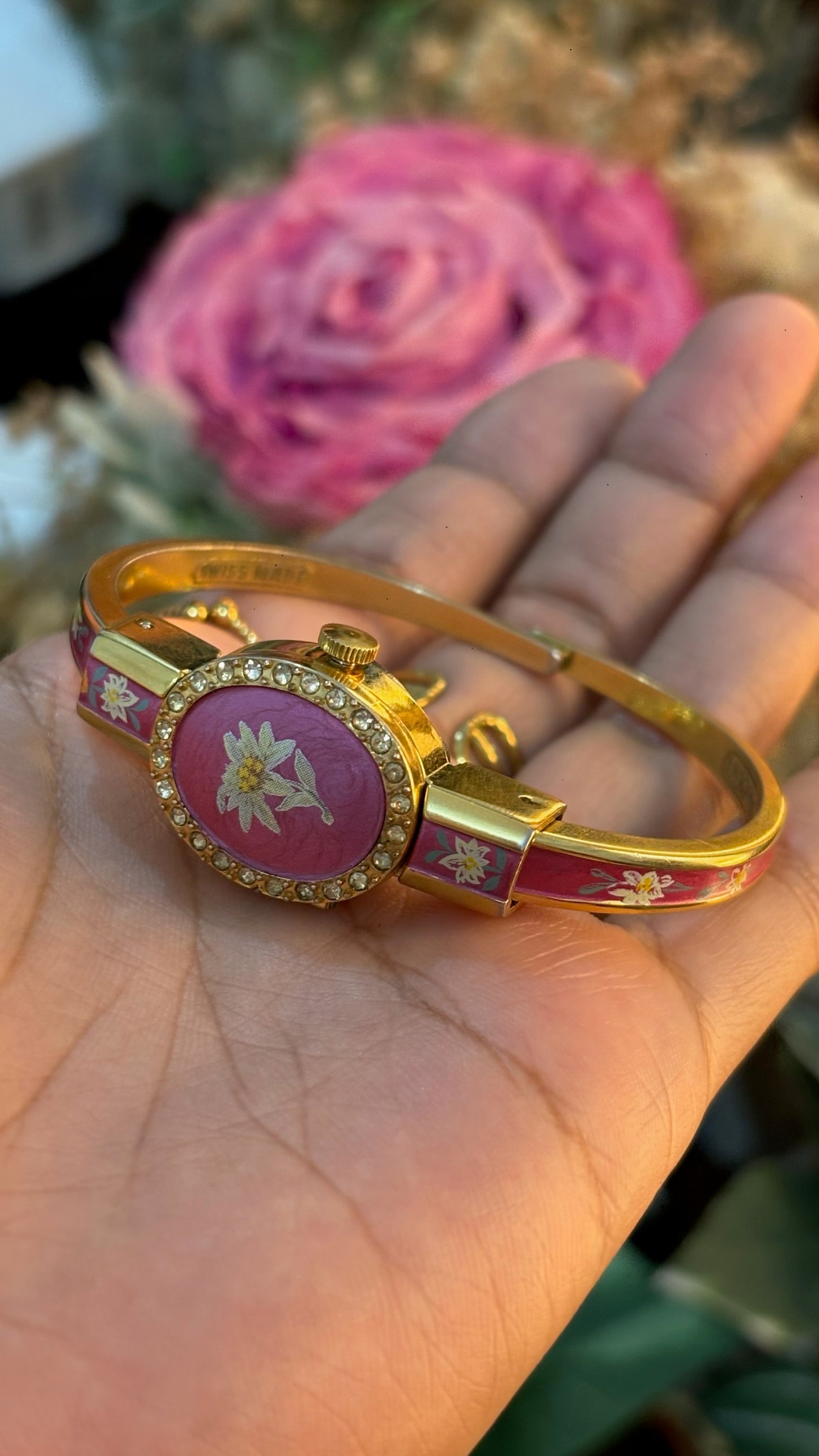Extremely Rare Dainty Vintage Itraco Pink Victorian Peekaboo Watch in Gold Tone Quartz