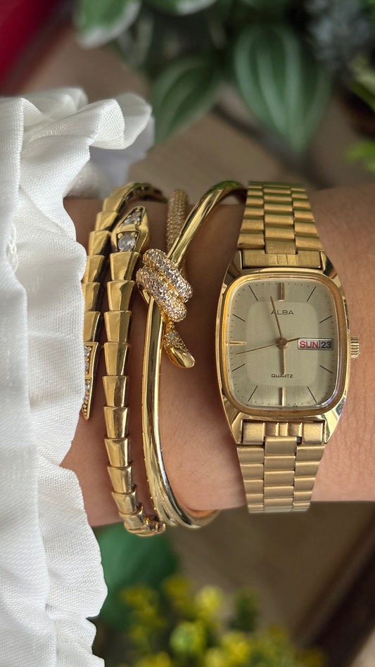 Vintage Alba Seiko Tank Watch in Gold Tone with Day-Date Window