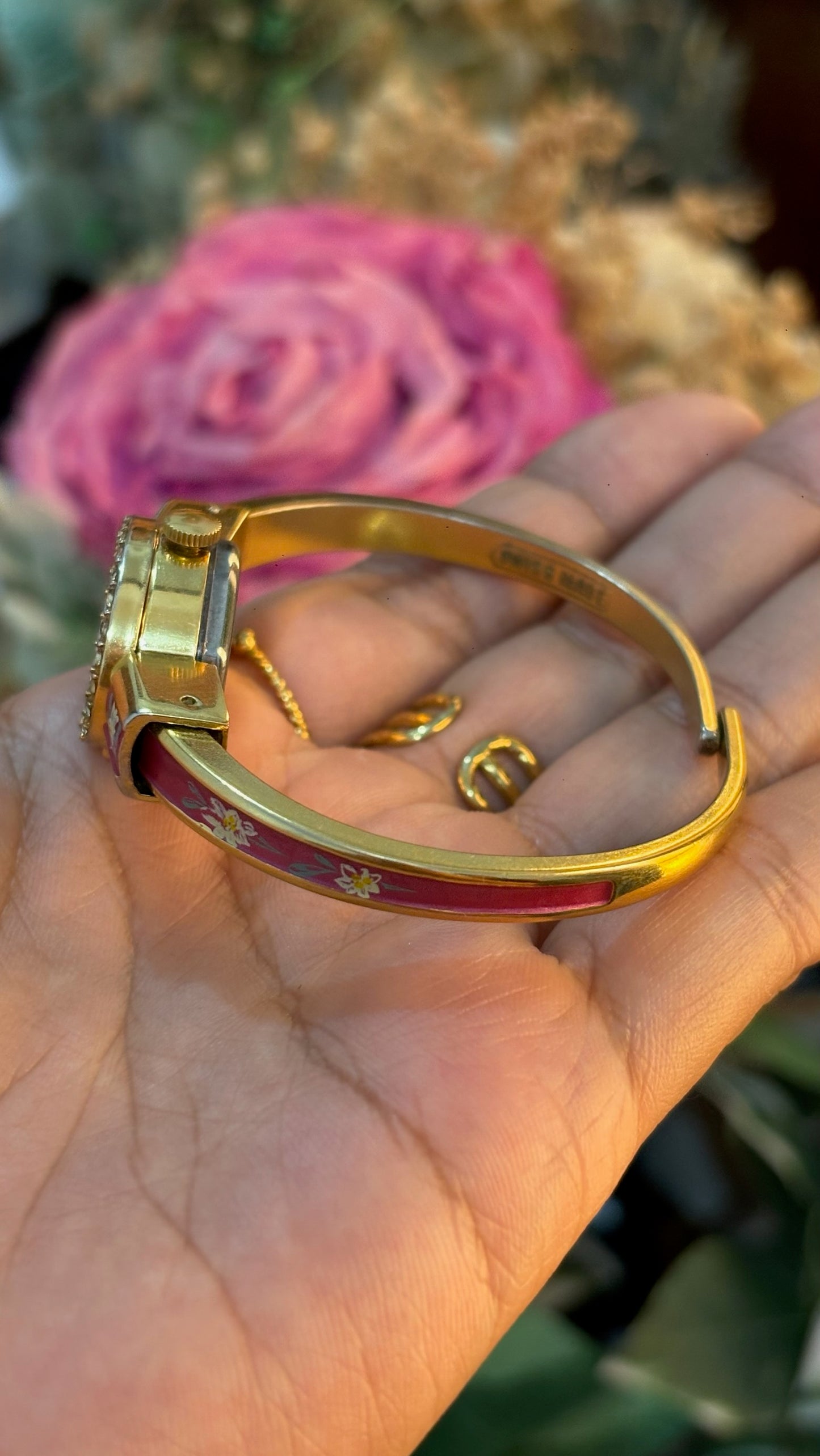Extremely Rare Dainty Vintage Itraco Pink Victorian Peekaboo Watch in Gold Tone Quartz