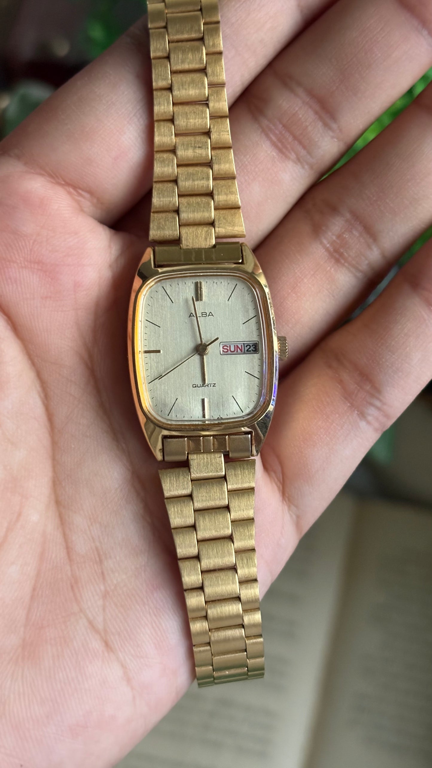 Vintage Alba Seiko Tank Watch in Gold Tone with Day-Date Window