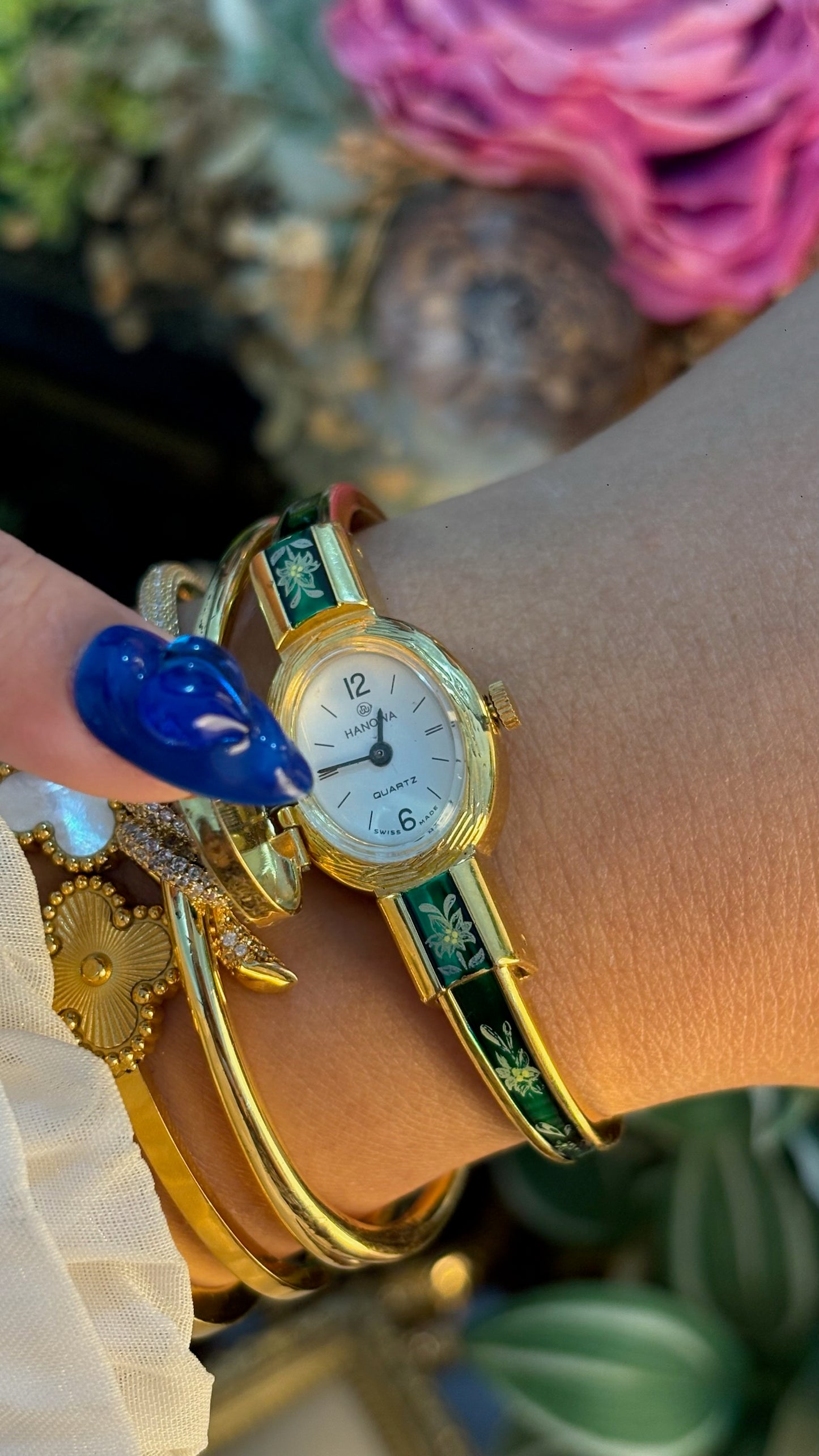 Extremely Rare Dainty Vintage Hanowa Emerald Green Watch in Gold Tone Quartz