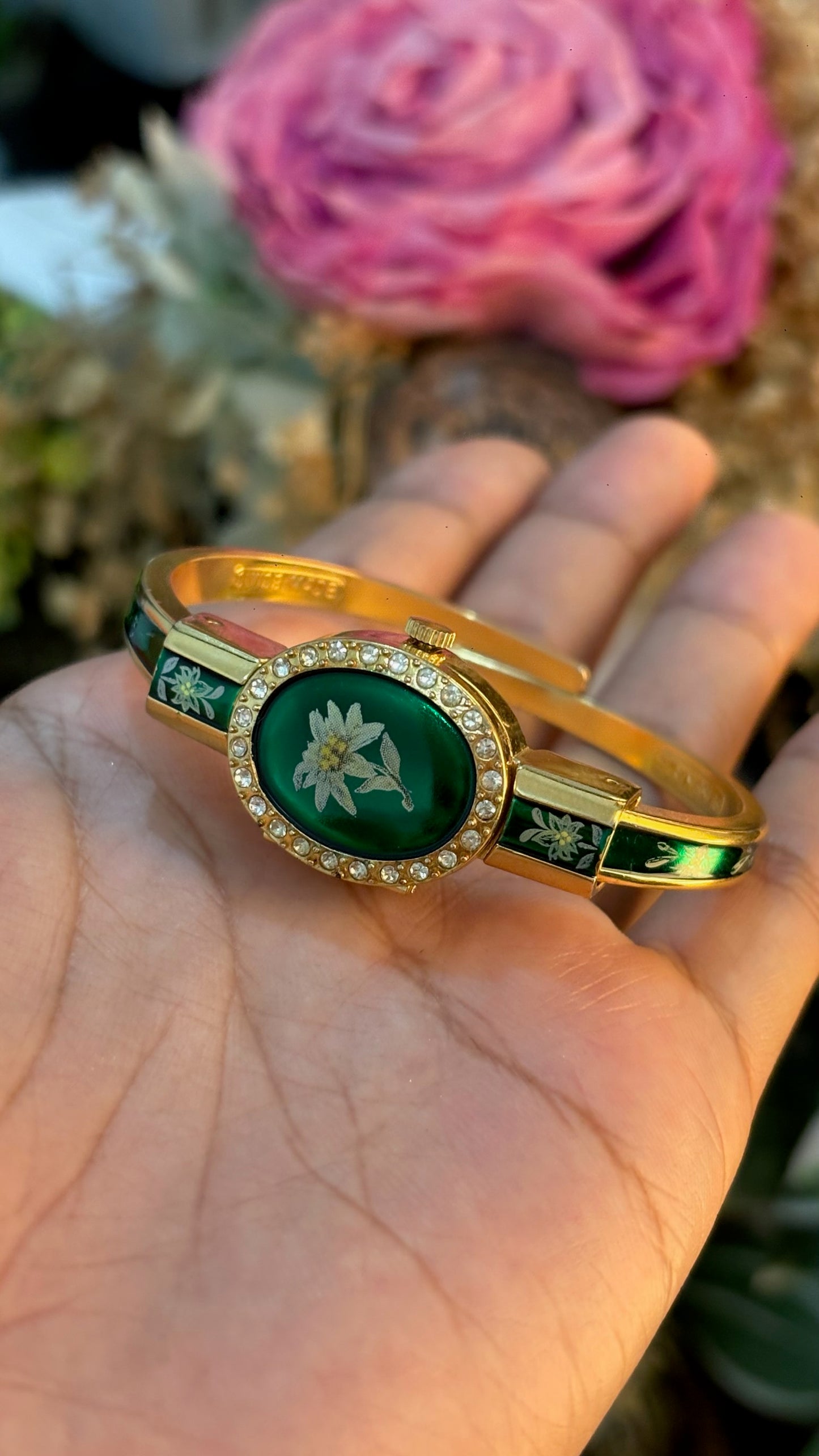 Extremely Rare Dainty Vintage Hanowa Emerald Green Watch in Gold Tone Quartz