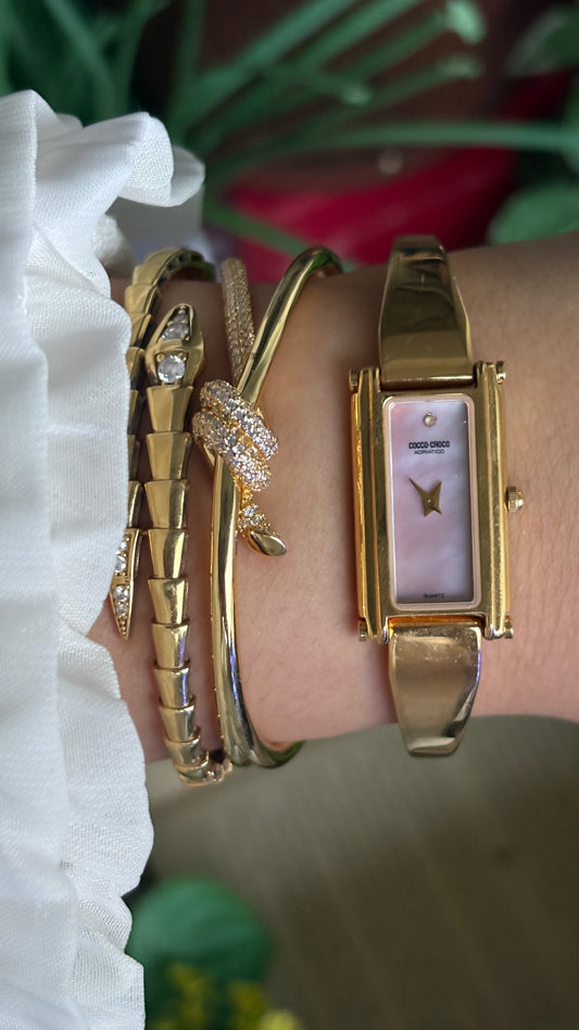 Vintage Cocco - Croco Watch in Gold Tone Gucci Style Bangle Pink Pearl Dial